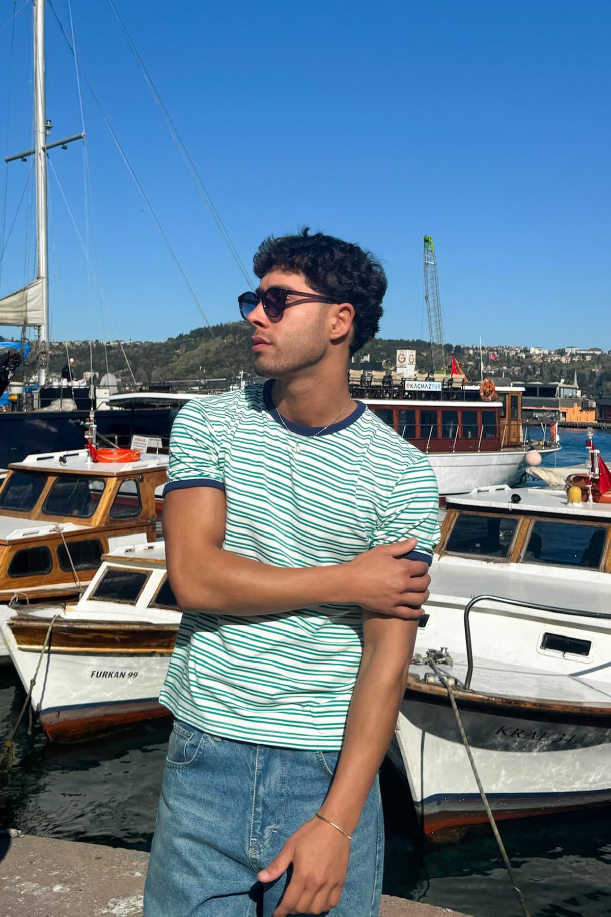 Çizgili Old Money Yeşil Tişört Yeşil