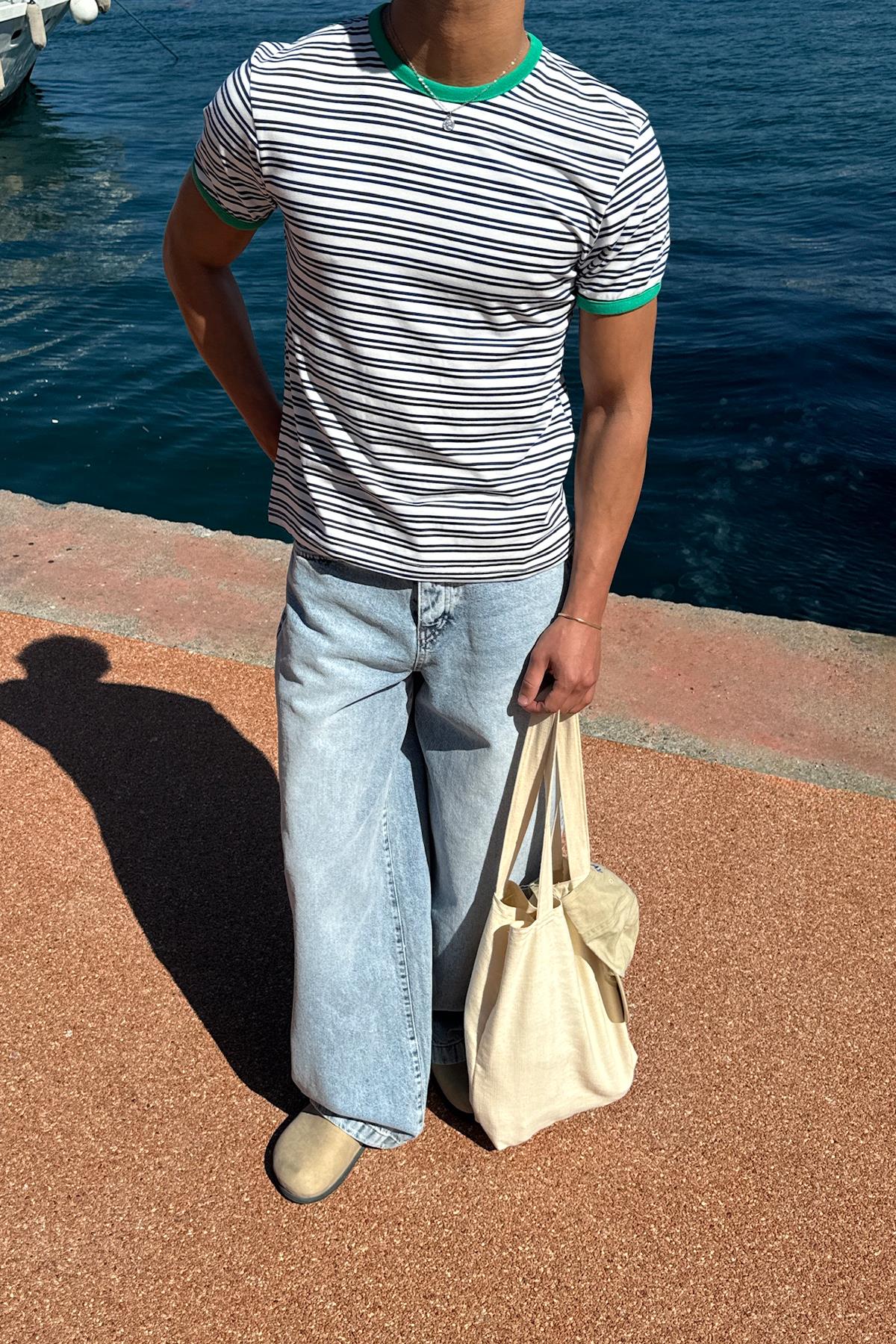 Çizgili Old Money Tişört Lacivert