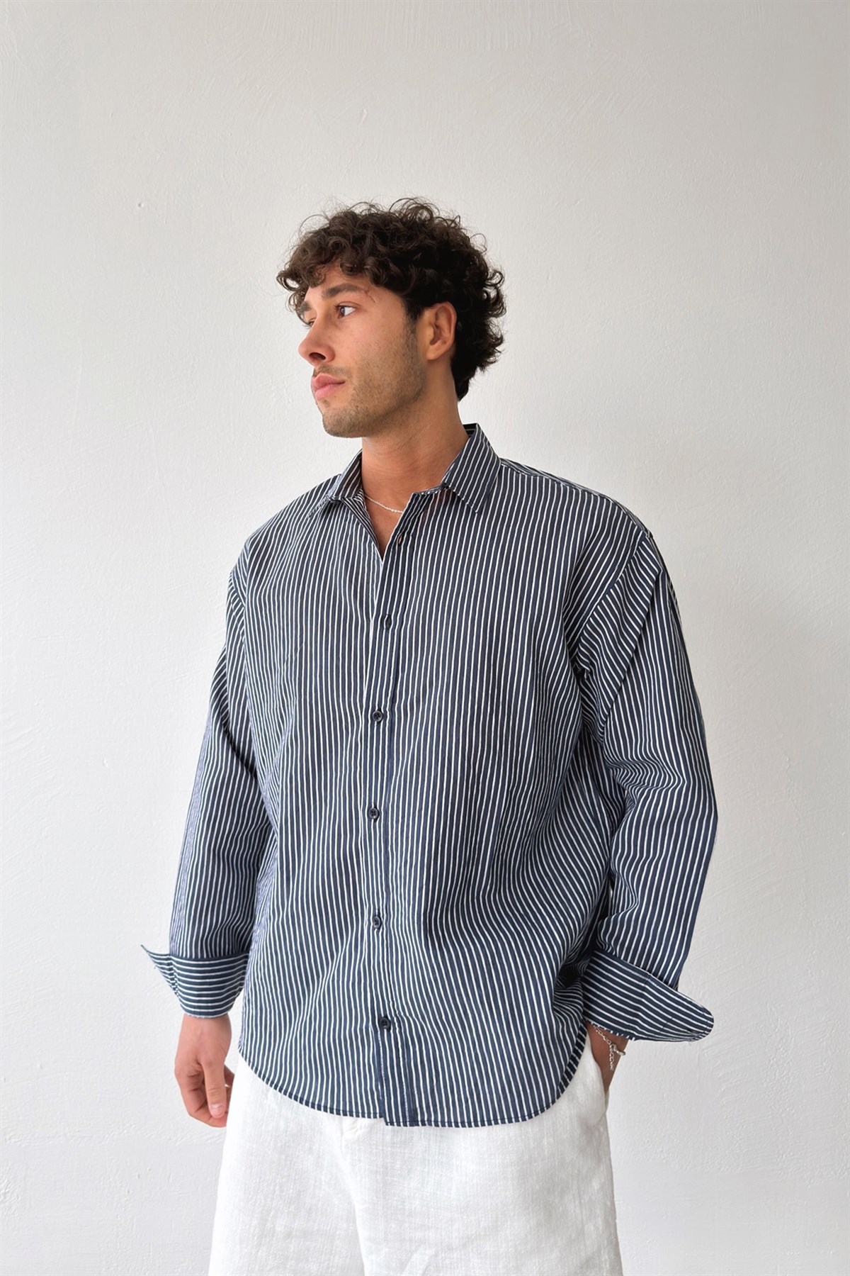 Çizgili Lacivert Keten Oversize Gömlek