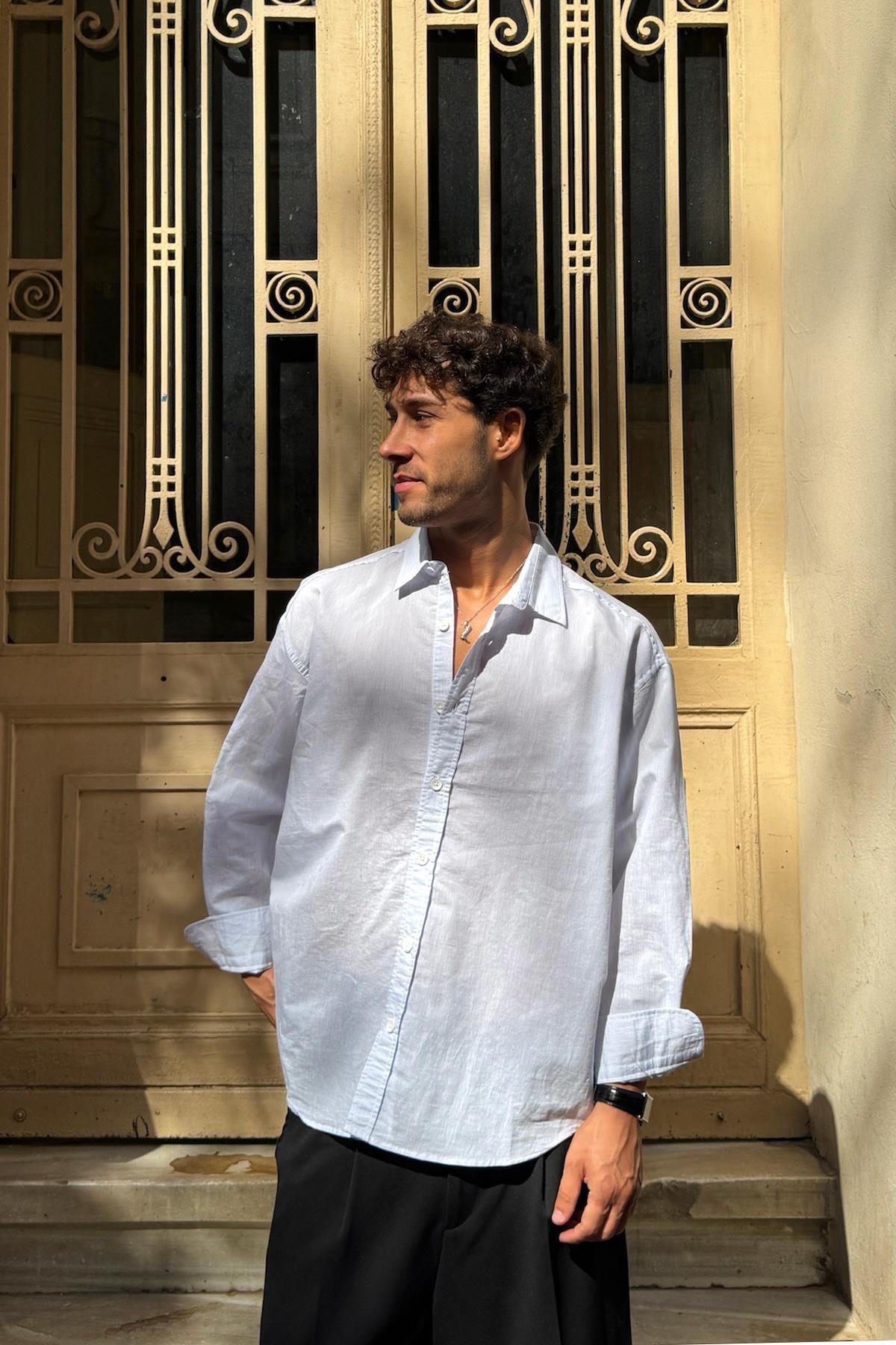 Çizgili Oversize Gömlek Beyaz