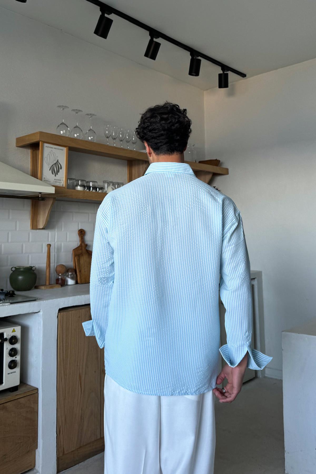 Mavi Çizgili Oversize Gömlek