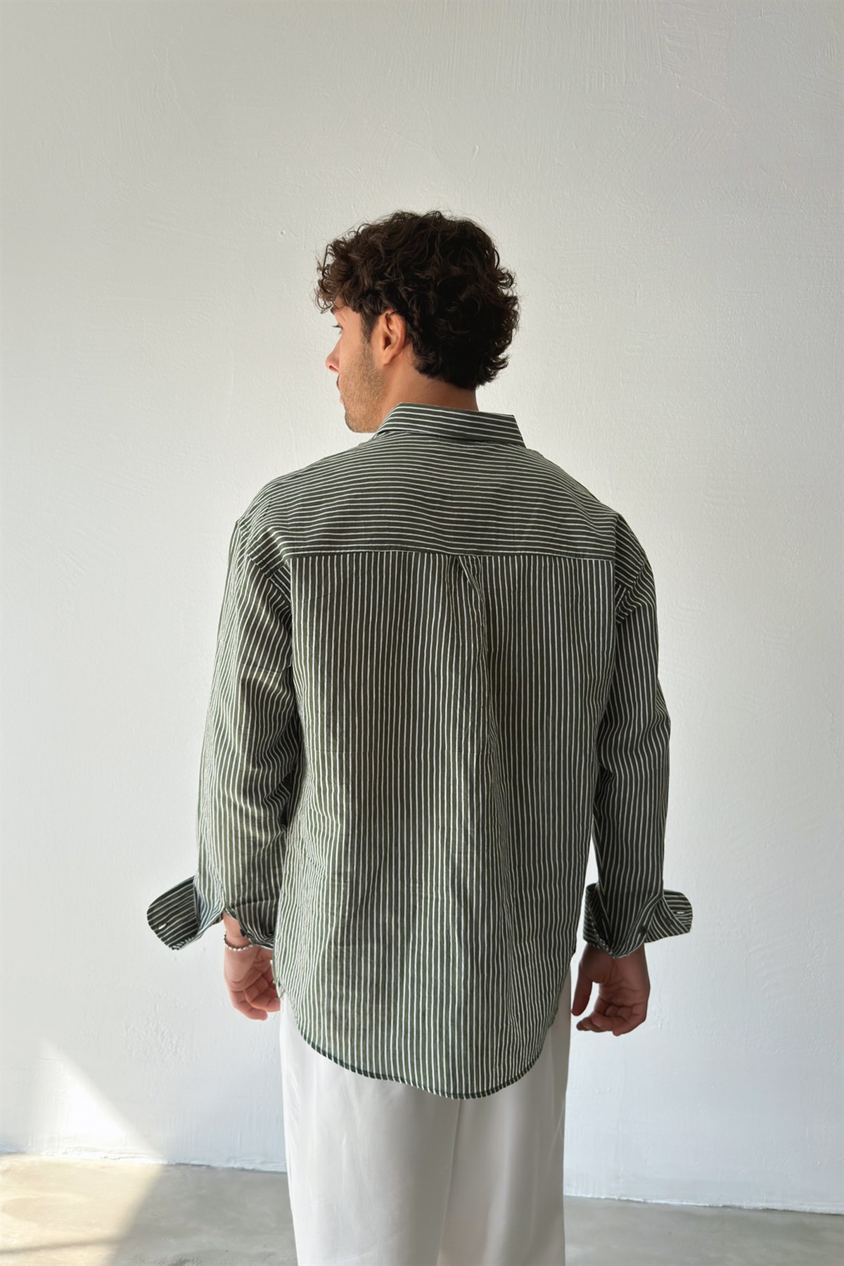 Çizgili Yeşil Keten Oversize Gömlek