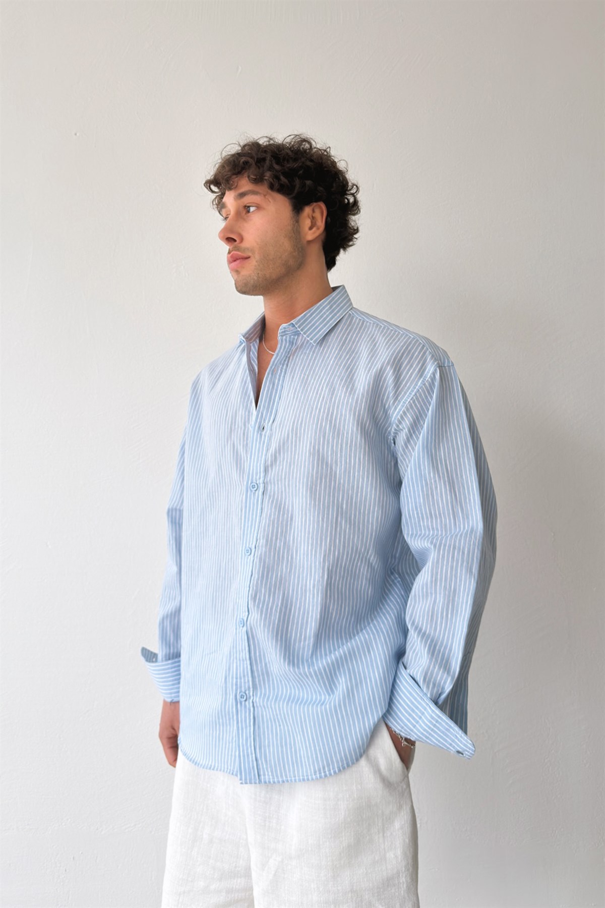 Çizgili Mavi Keten Oversize Gömlek