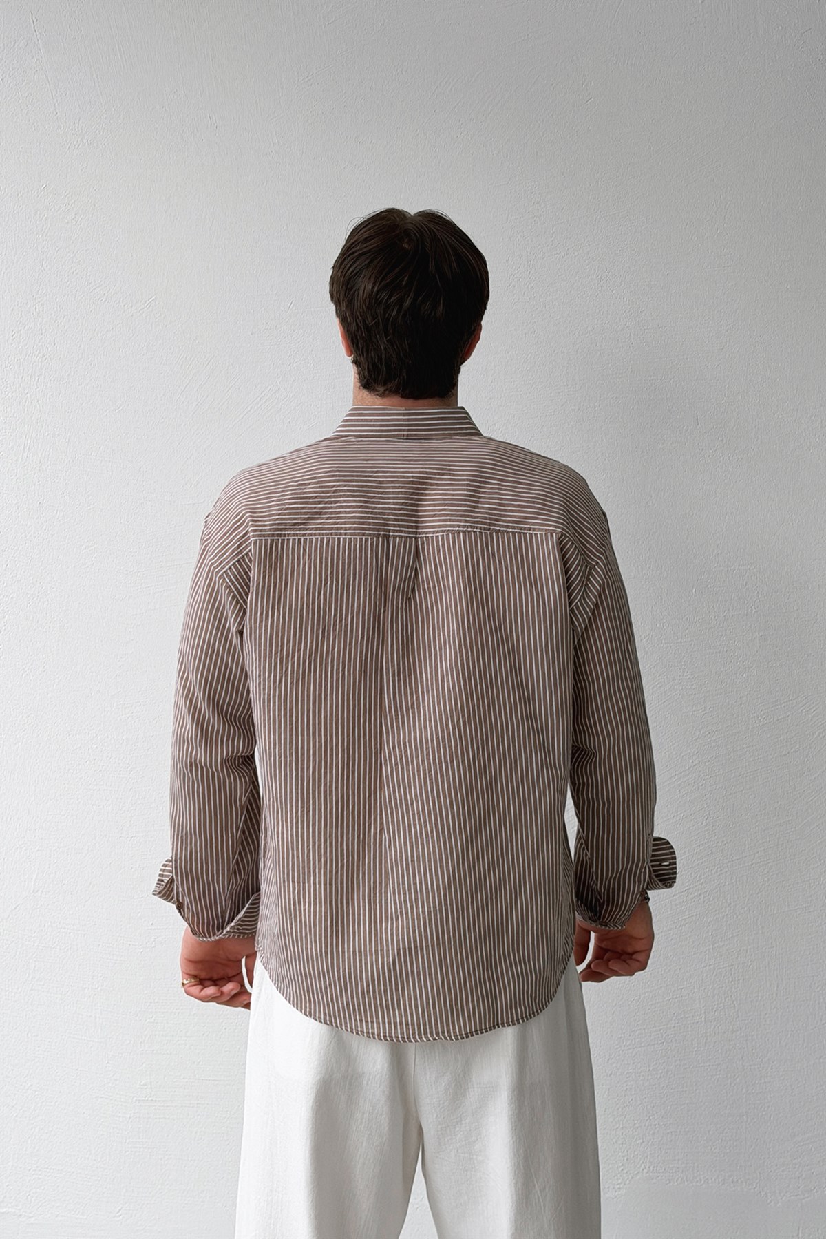 Çizgili Bordo Keten Oversize Gömlek