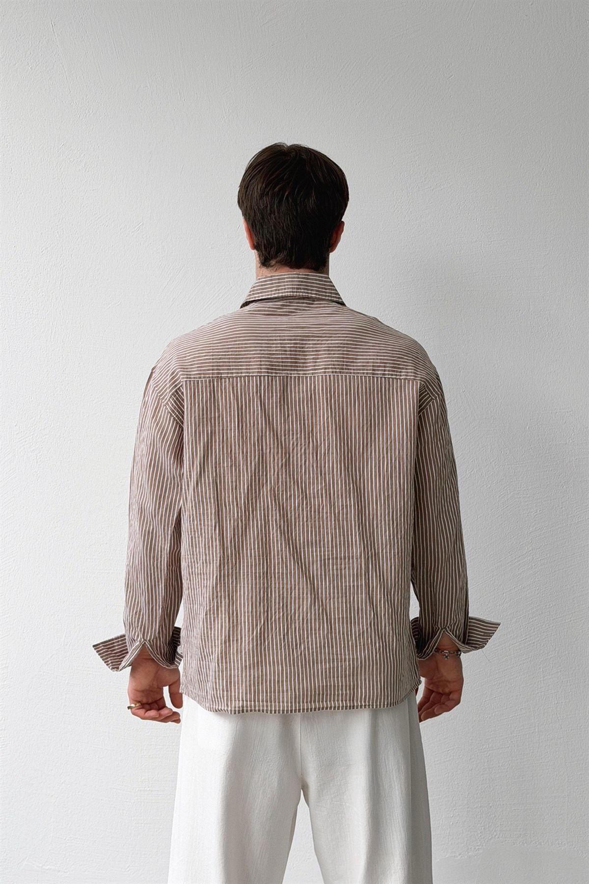 Çizgili Oversize Vizon Keten Gömlek