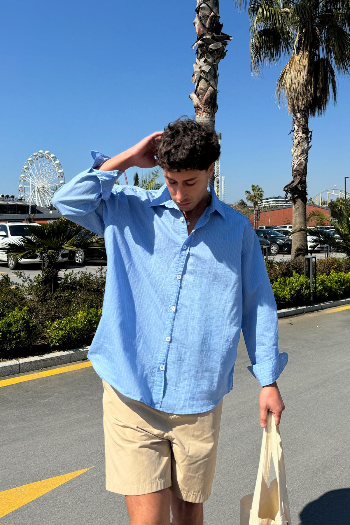 Çizgili Oversize Gömlek Mavi