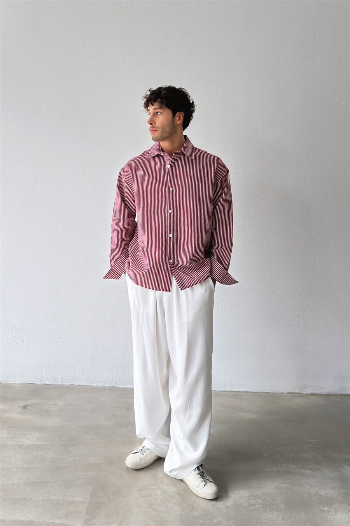 Çizgili Oversize Bordo Keten Gömlek