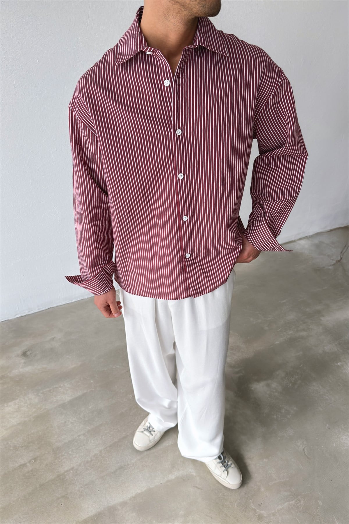 Çizgili Oversize Bordo Keten Gömlek