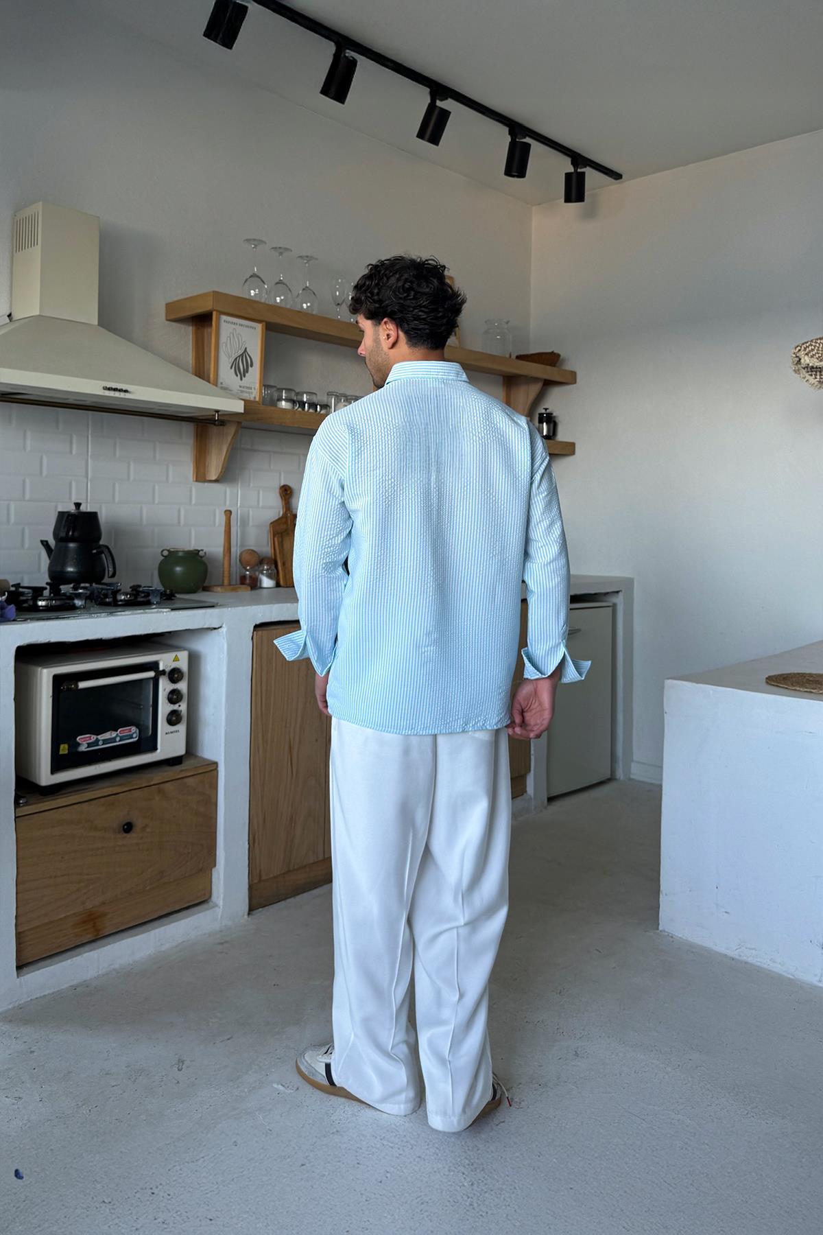 Mavi Çizgili Oversize Gömlek