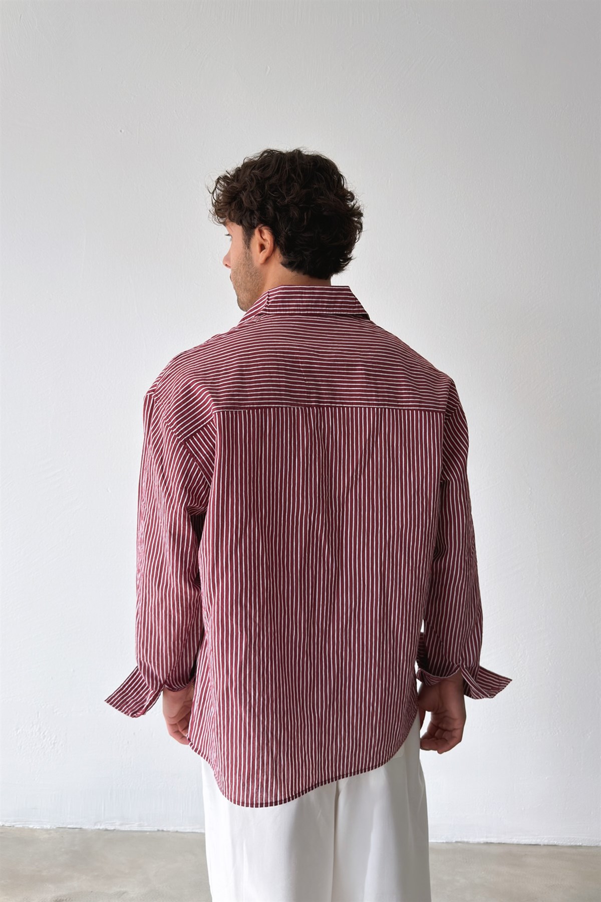 Çizgili Oversize Bordo Keten Gömlek