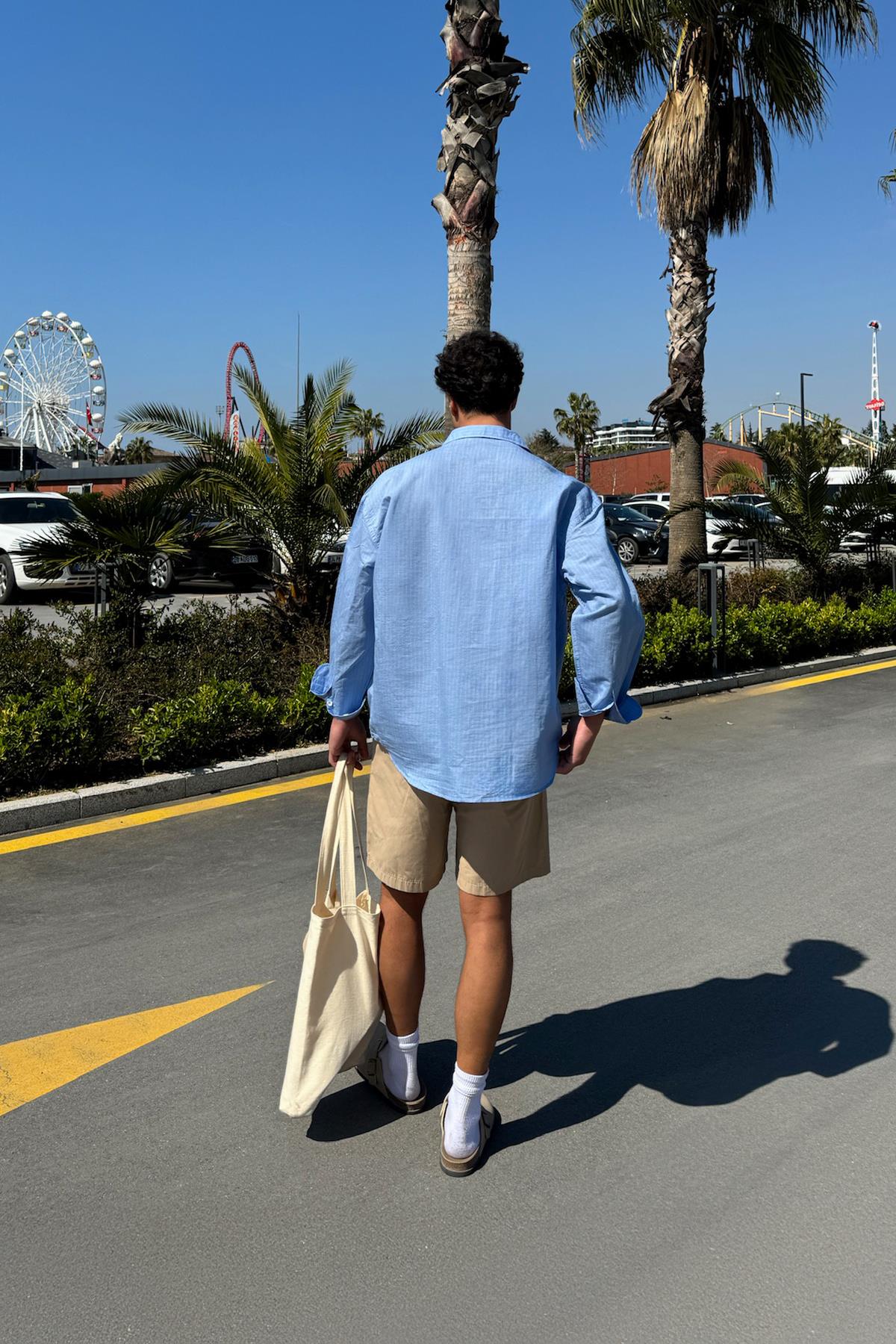 Çizgili Oversize Gömlek Mavi