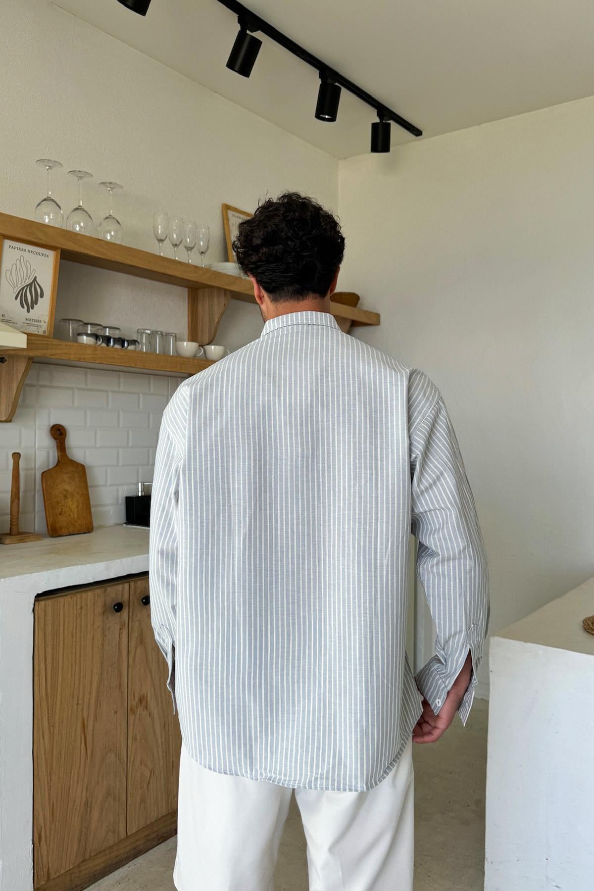 Gri Çizgili Oversize Gömlek