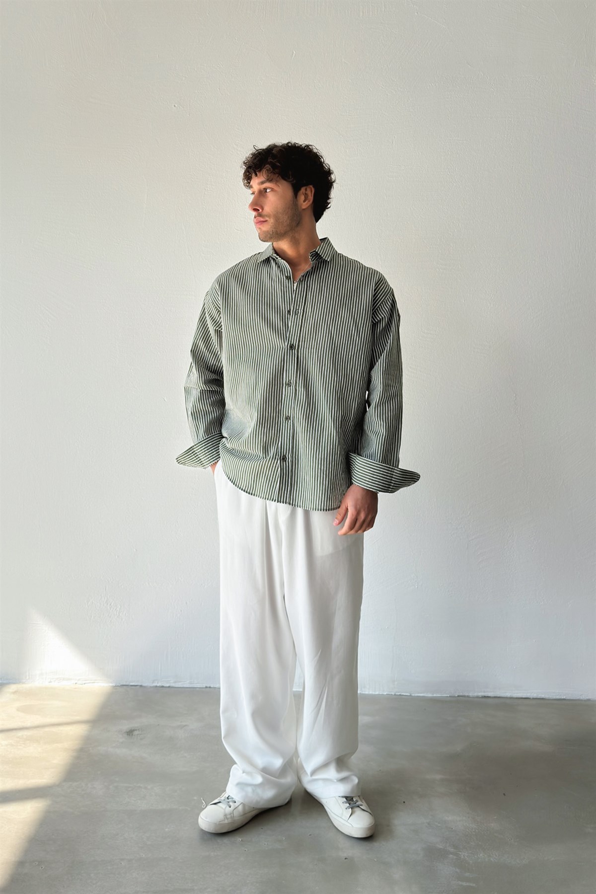 Çizgili Yeşil Keten Oversize Gömlek