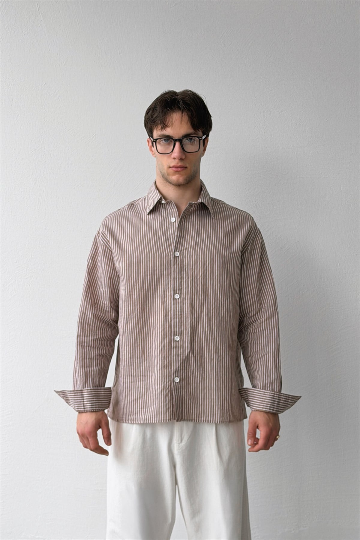 Çizgili Oversize Vizon Keten Gömlek