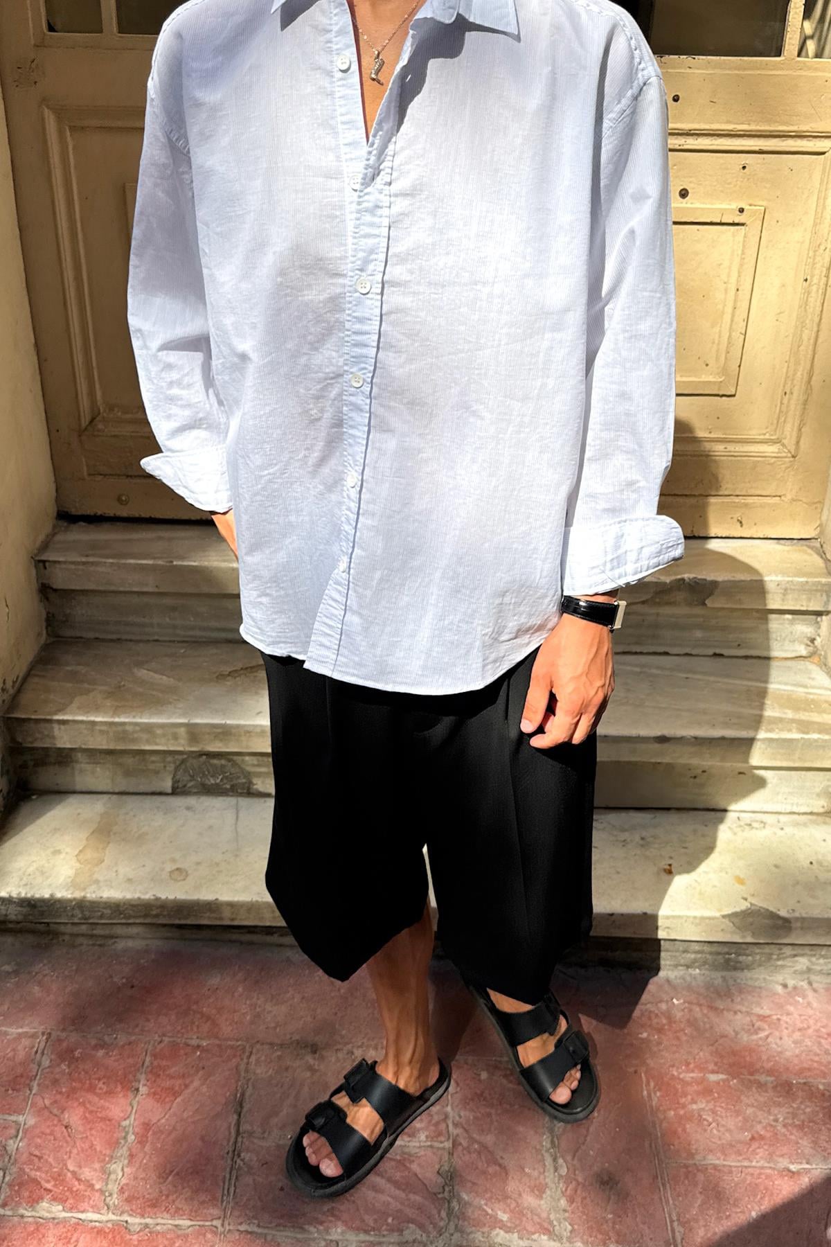 Çizgili Oversize Gömlek Beyaz