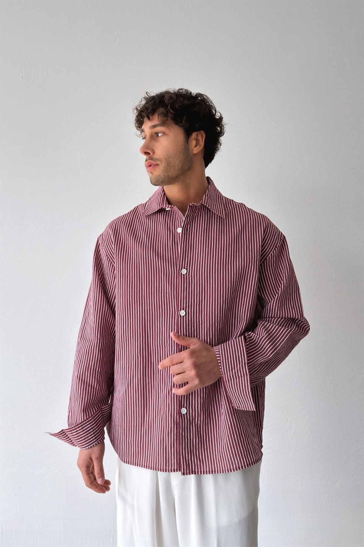 Çizgili Oversize Bordo Keten Gömlek