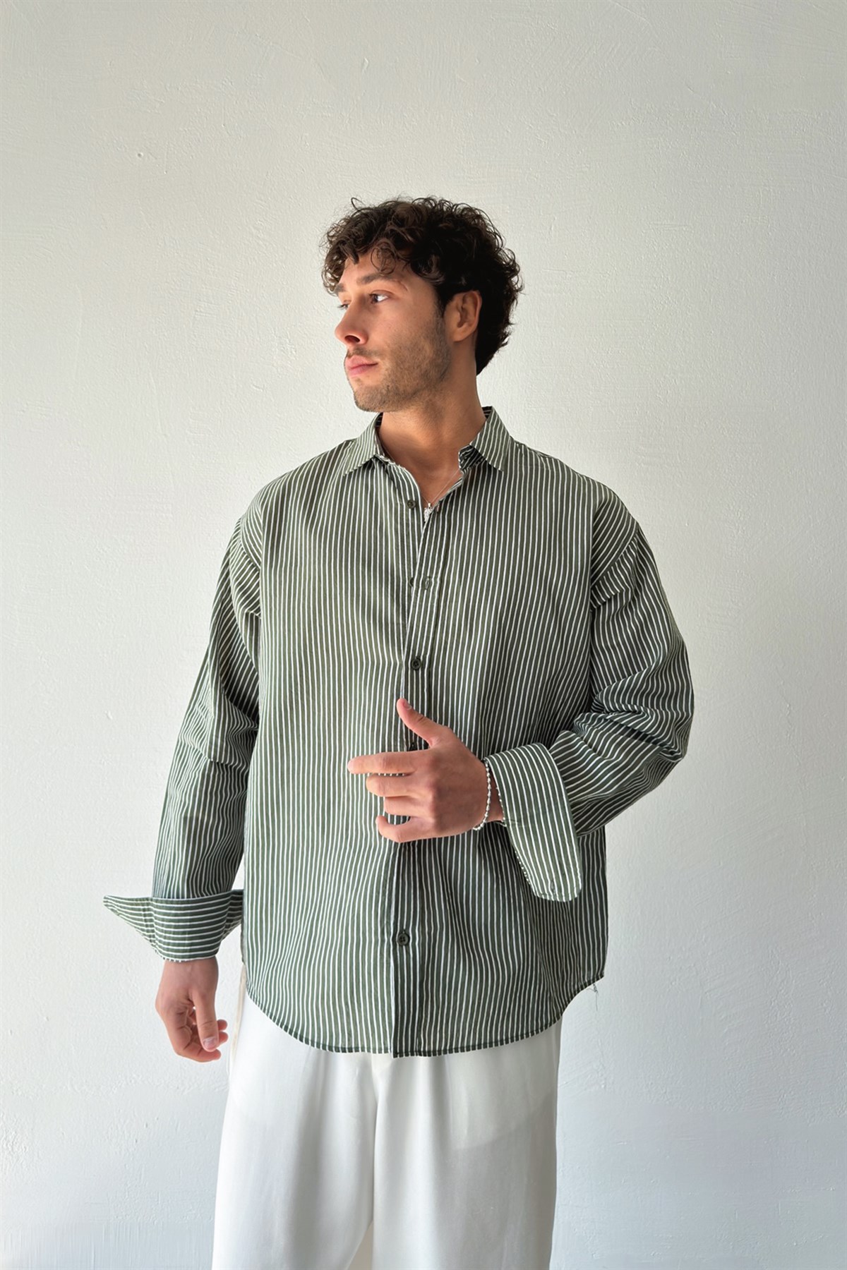Çizgili Yeşil Keten Oversize Gömlek