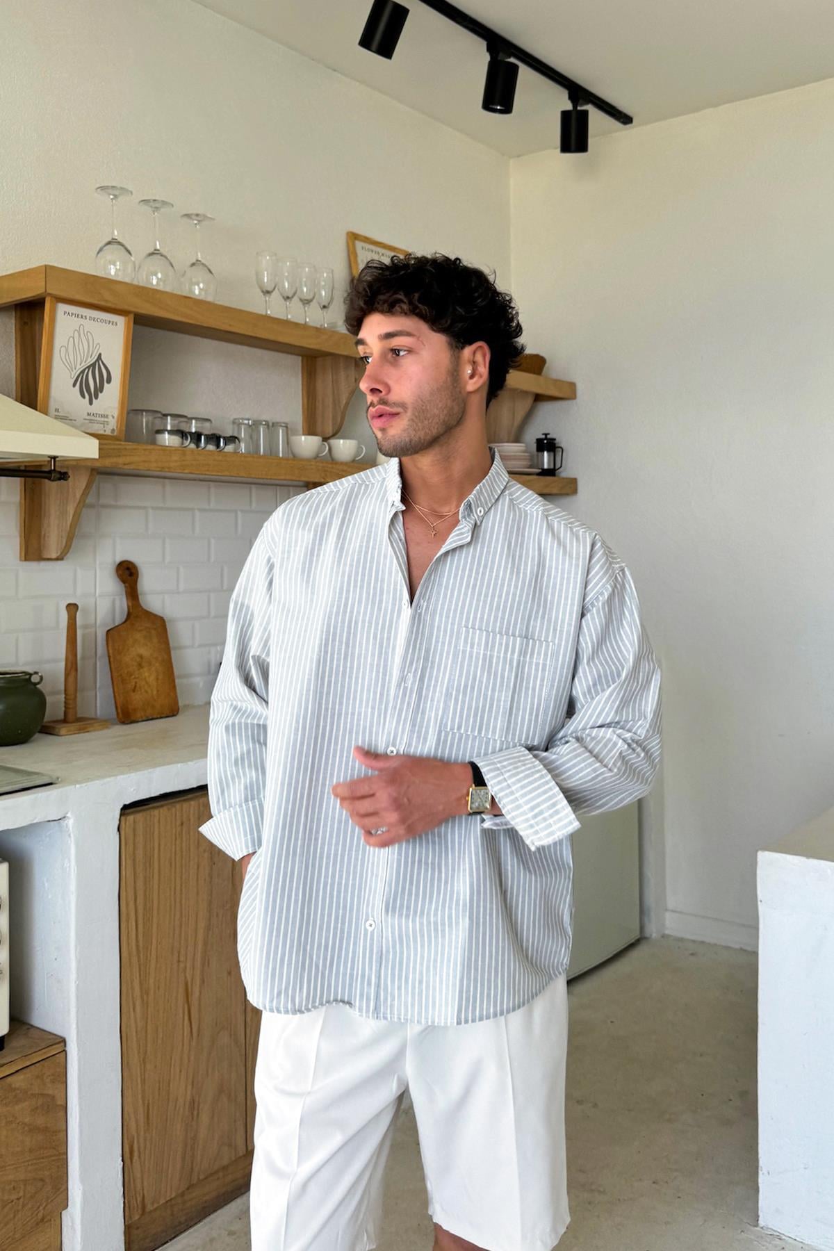 Gri Çizgili Oversize Gömlek