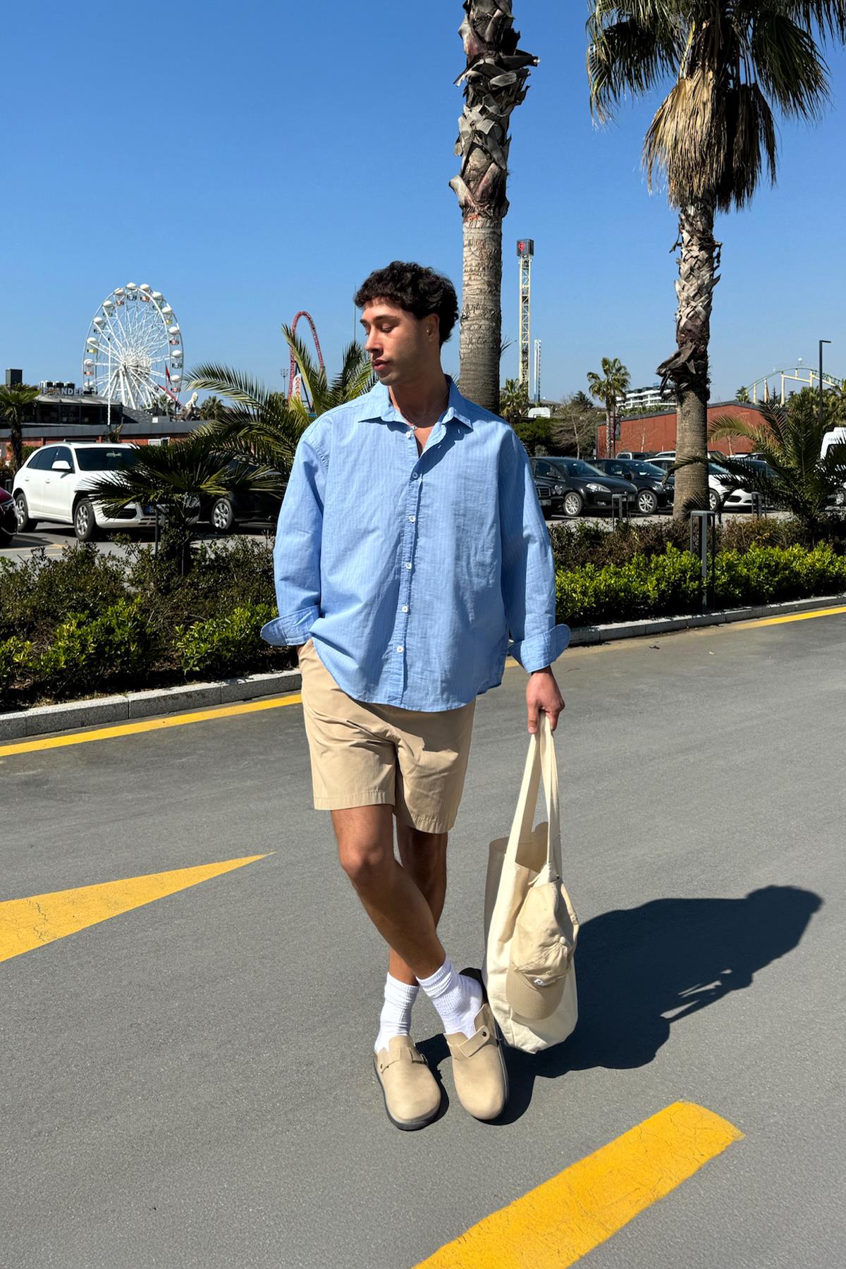 Çizgili Oversize Gömlek Mavi