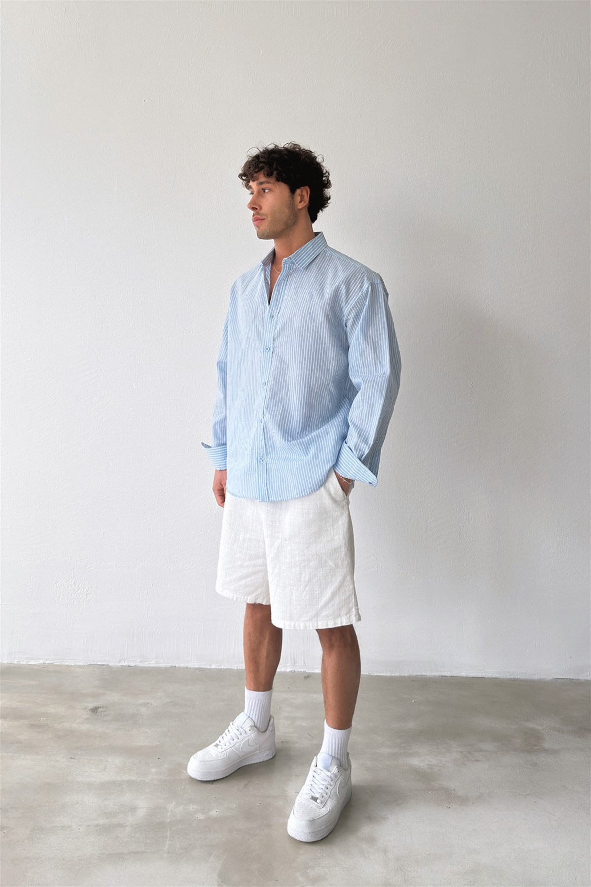 Çizgili Mavi Keten Oversize Gömlek