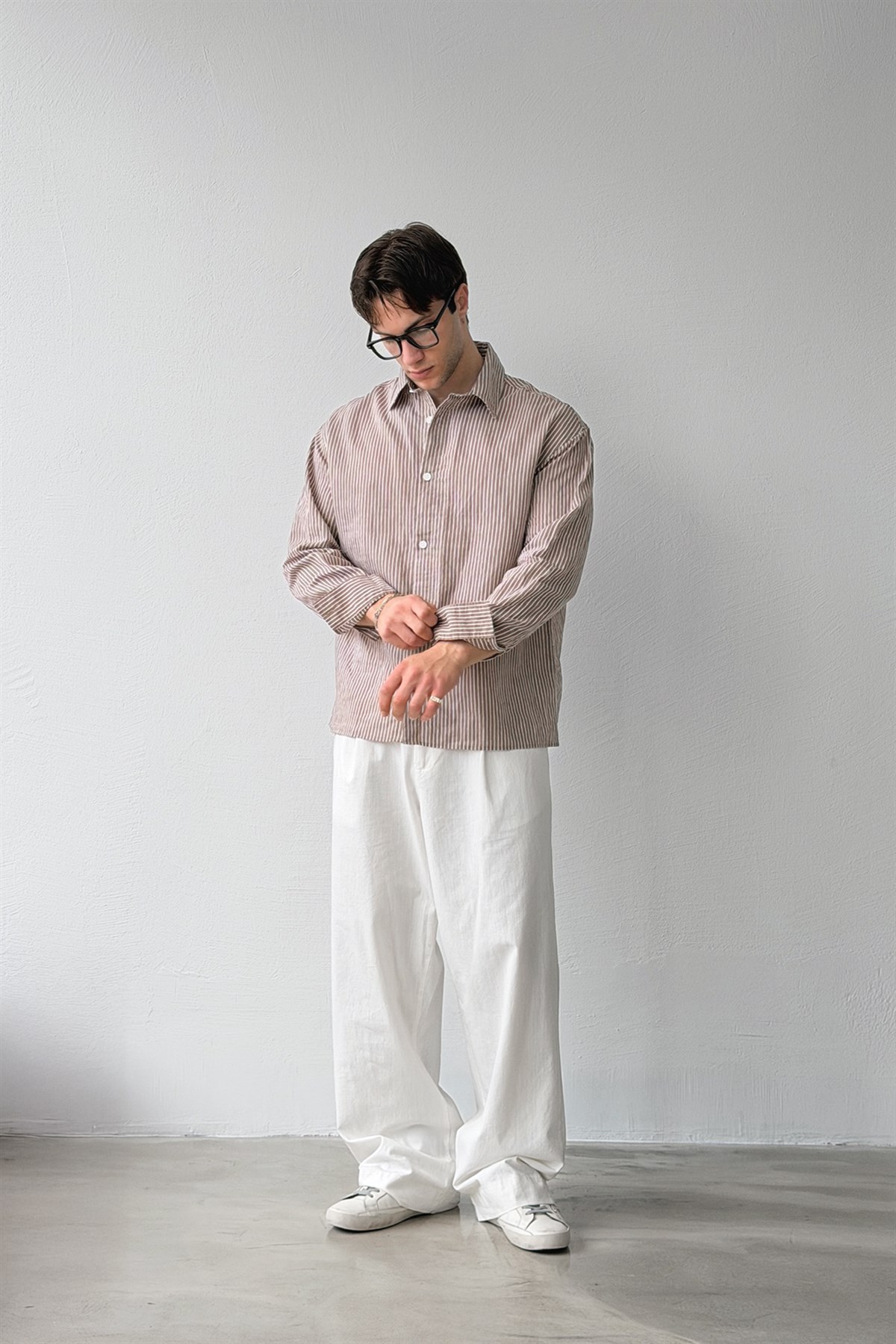 Çizgili Oversize Vizon Keten Gömlek