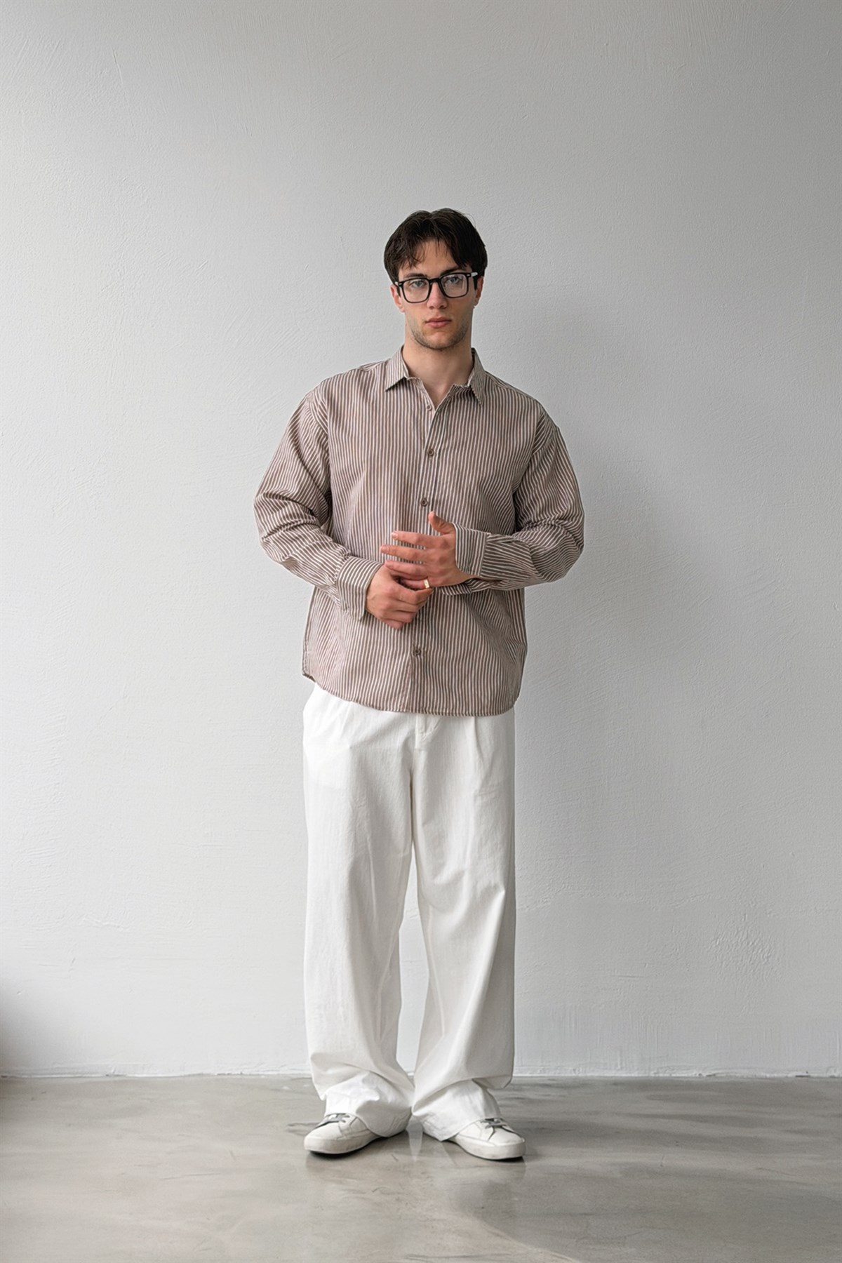 Çizgili Bordo Keten Oversize Gömlek