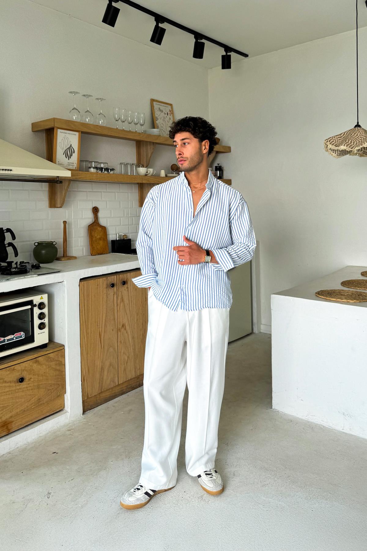 Lacivert Çizgili Oversize Gömlek