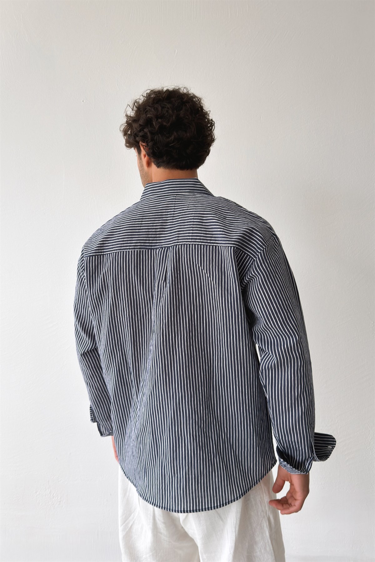 Çizgili Lacivert Keten Oversize Gömlek