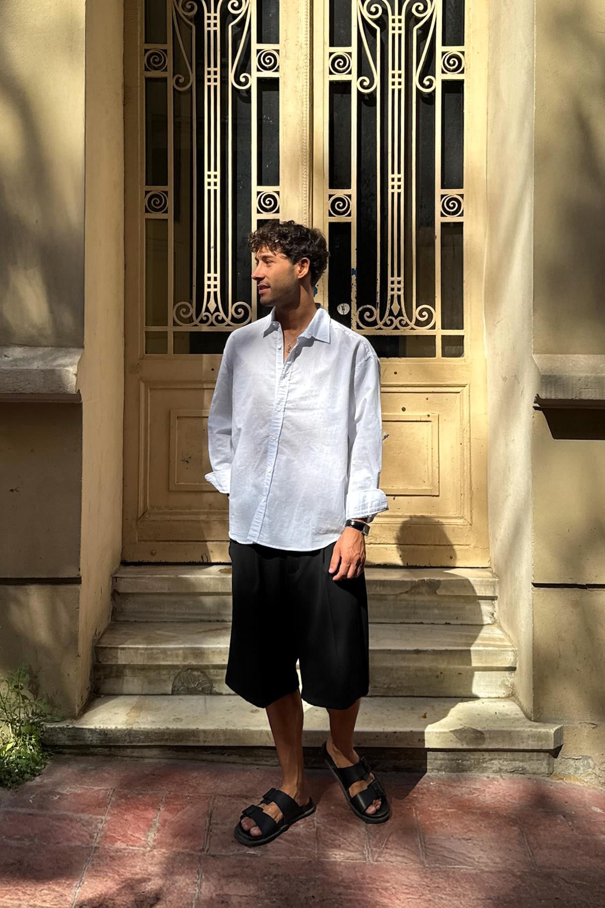 Çizgili Oversize Gömlek Beyaz