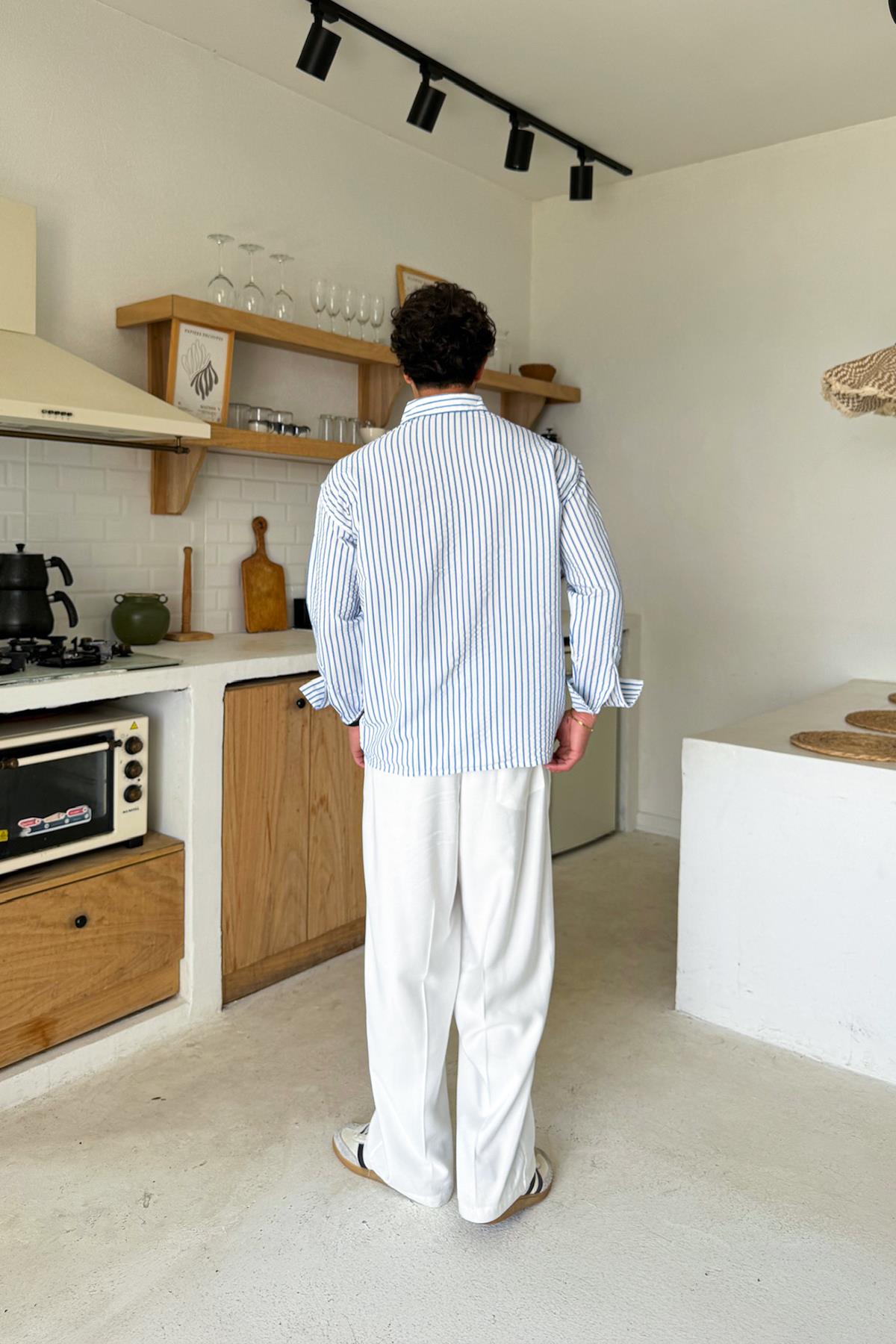 Lacivert Çizgili Oversize Gömlek