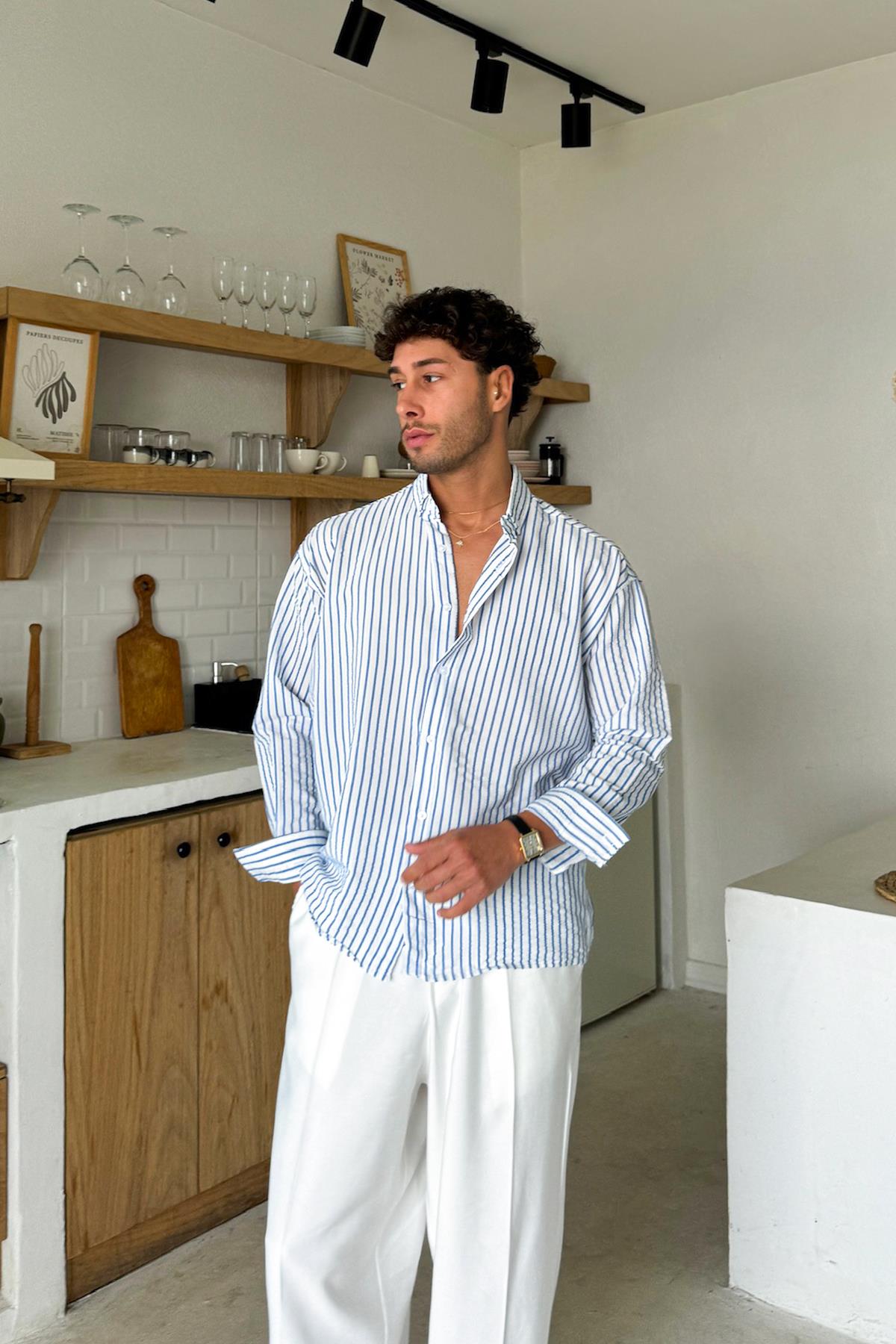 Lacivert Çizgili Oversize Gömlek