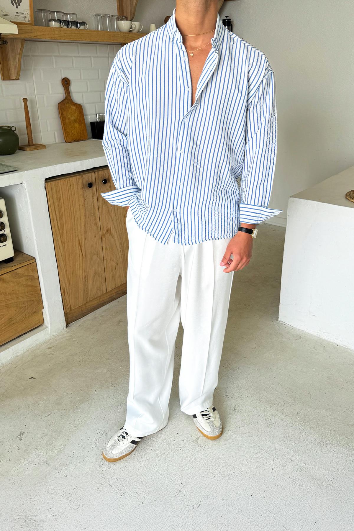 Lacivert Çizgili Oversize Gömlek