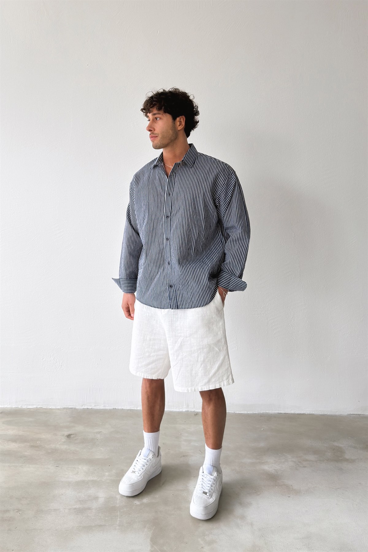Çizgili Lacivert Keten Oversize Gömlek