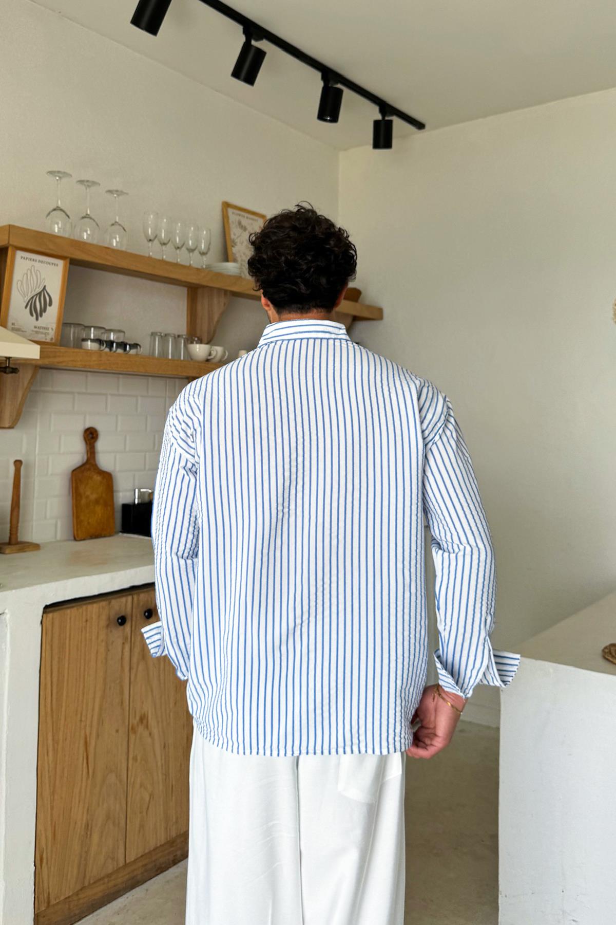 Lacivert Çizgili Oversize Gömlek