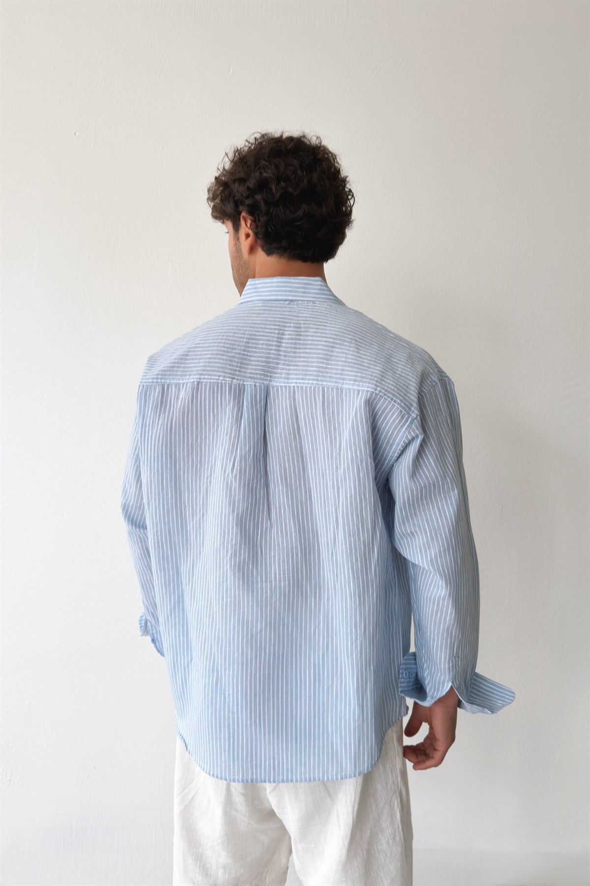 Çizgili Mavi Keten Oversize Gömlek