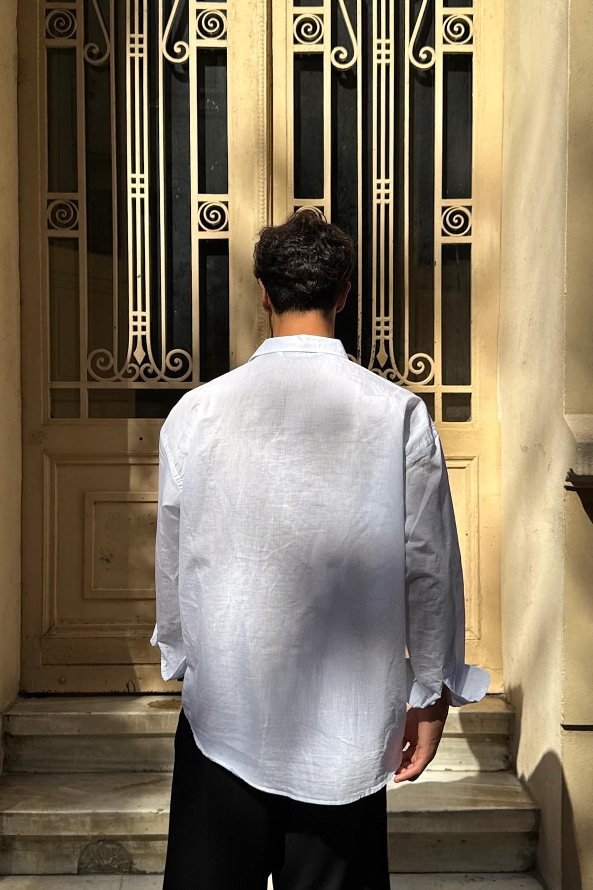 Çizgili Oversize Gömlek Beyaz