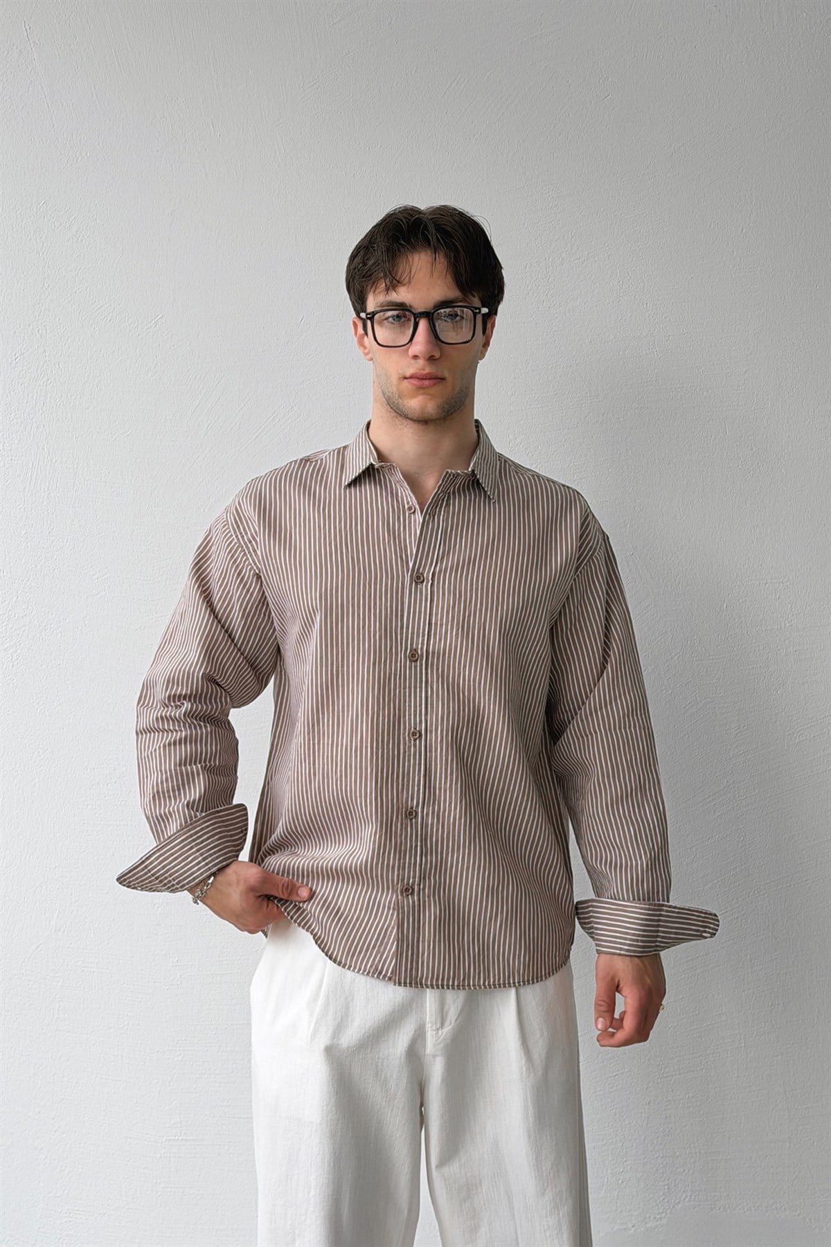 Çizgili Bordo Keten Oversize Gömlek