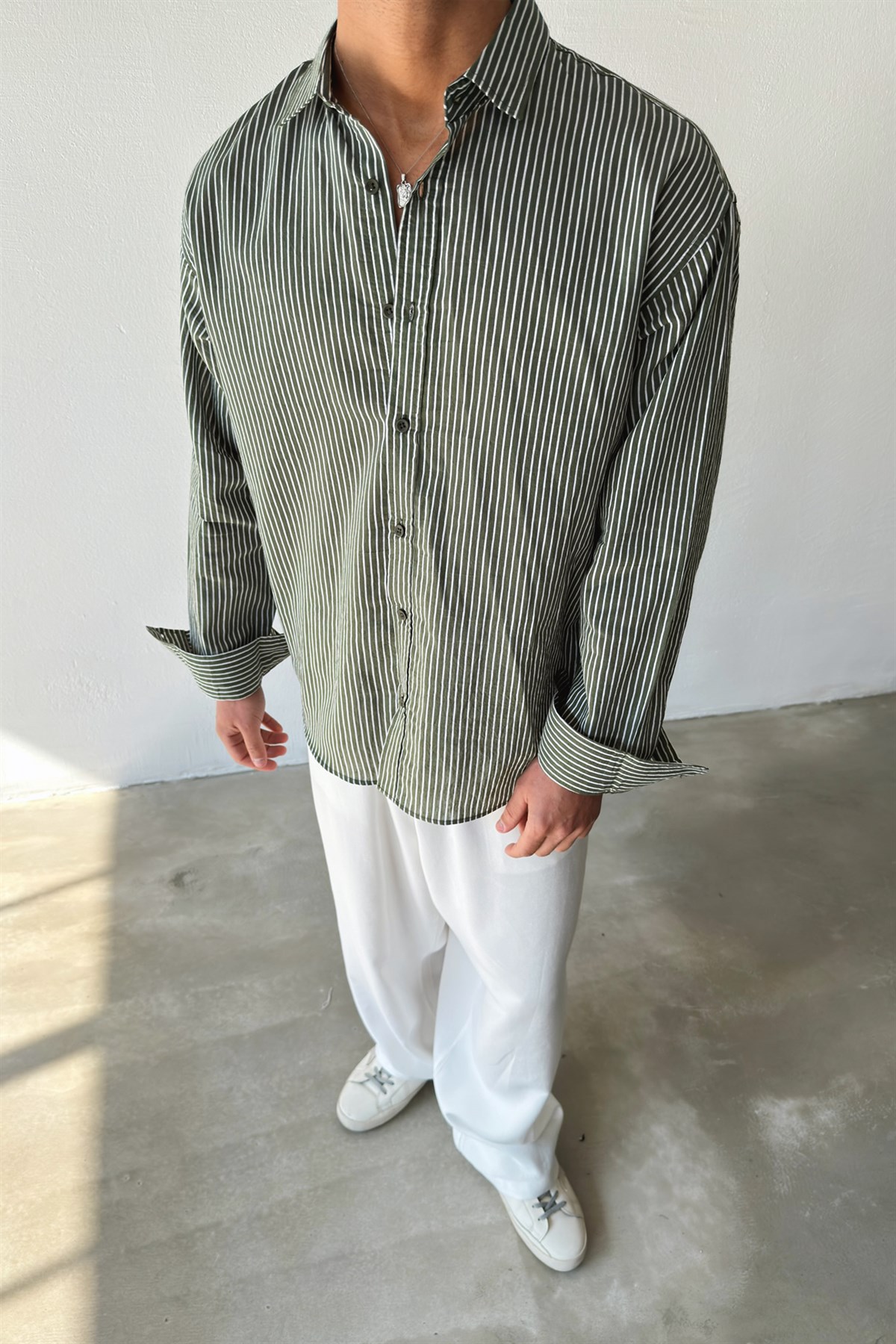 Çizgili Yeşil Keten Oversize Gömlek