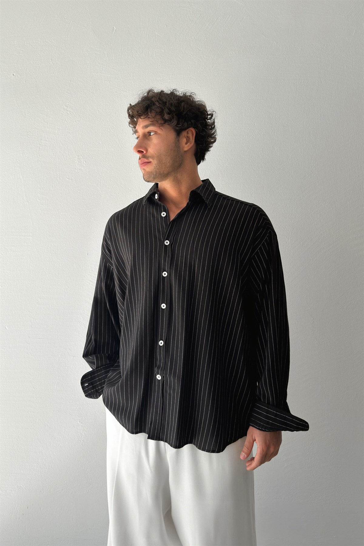 Çizgili Siyah Poplin Oversize Gömlek