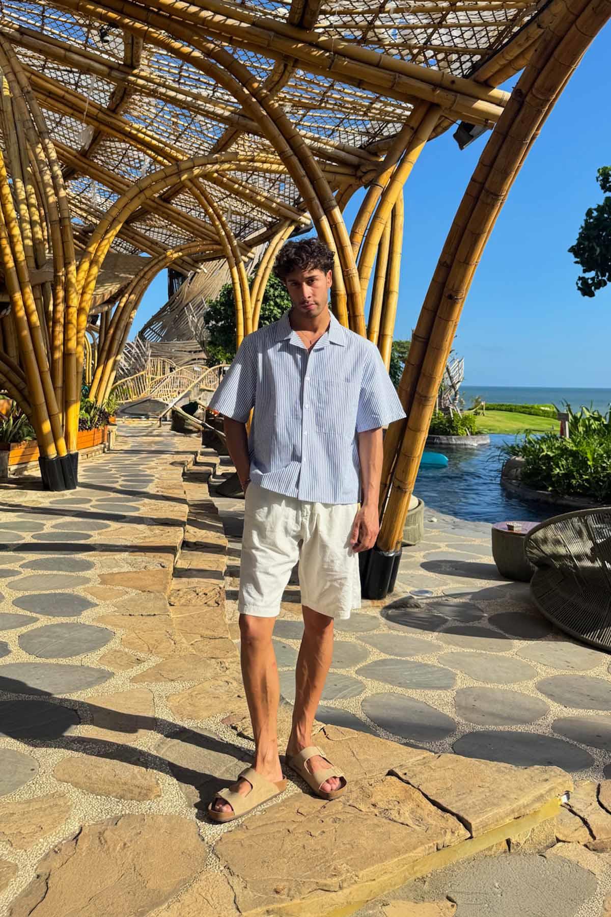 Çizgili Oversize Kısa Kol gömlek Mavi