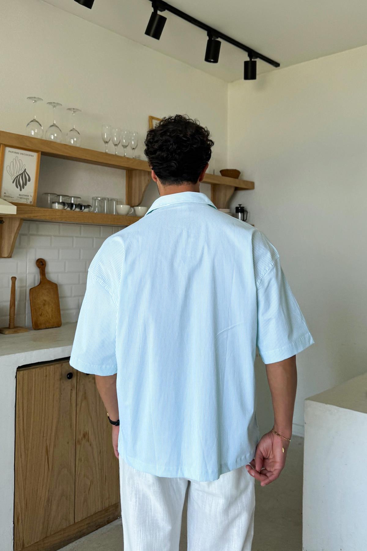 Çizgili Oversize Kısa Kol Gömlek Yeşil