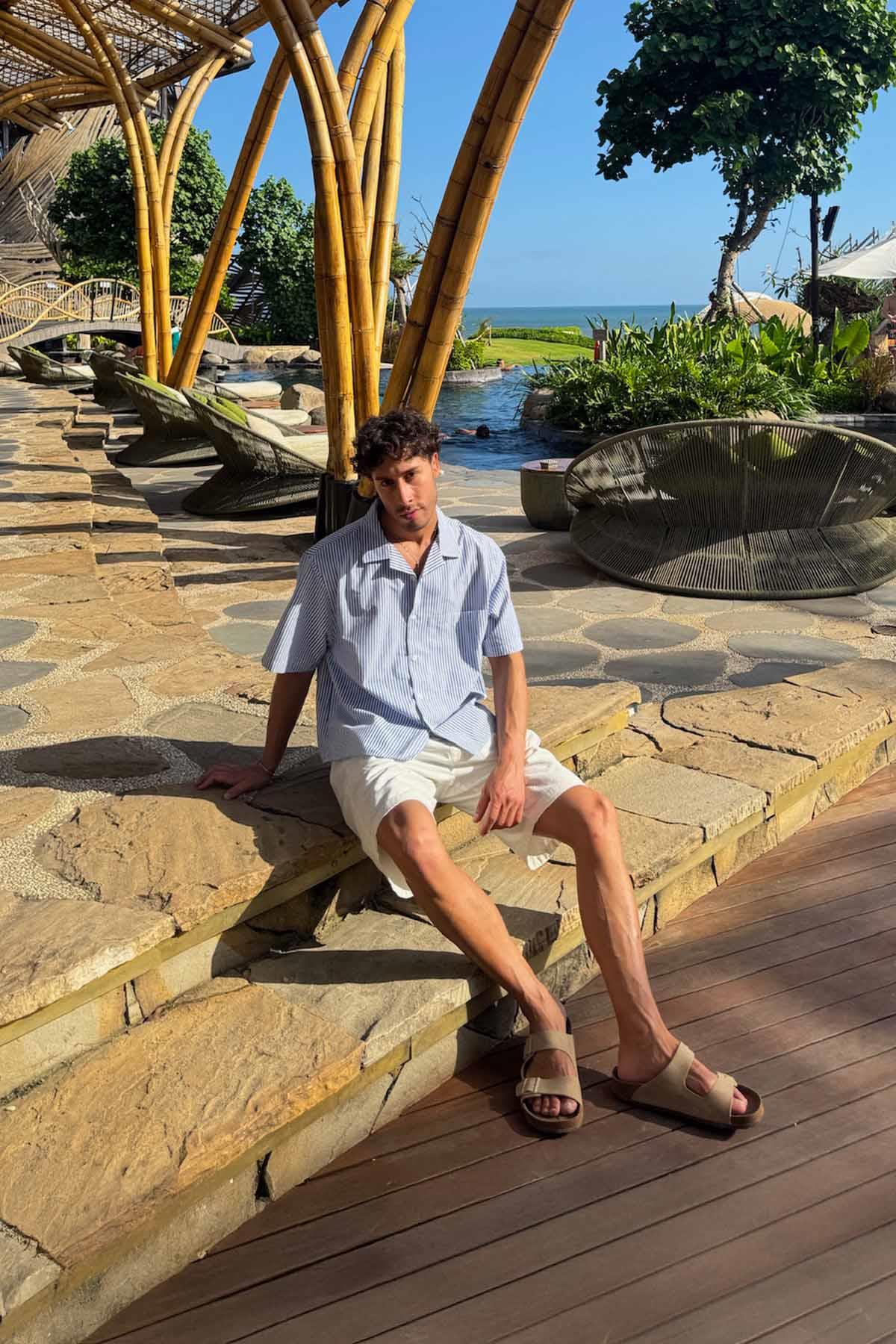 Çizgili Oversize Kısa Kol gömlek Mavi