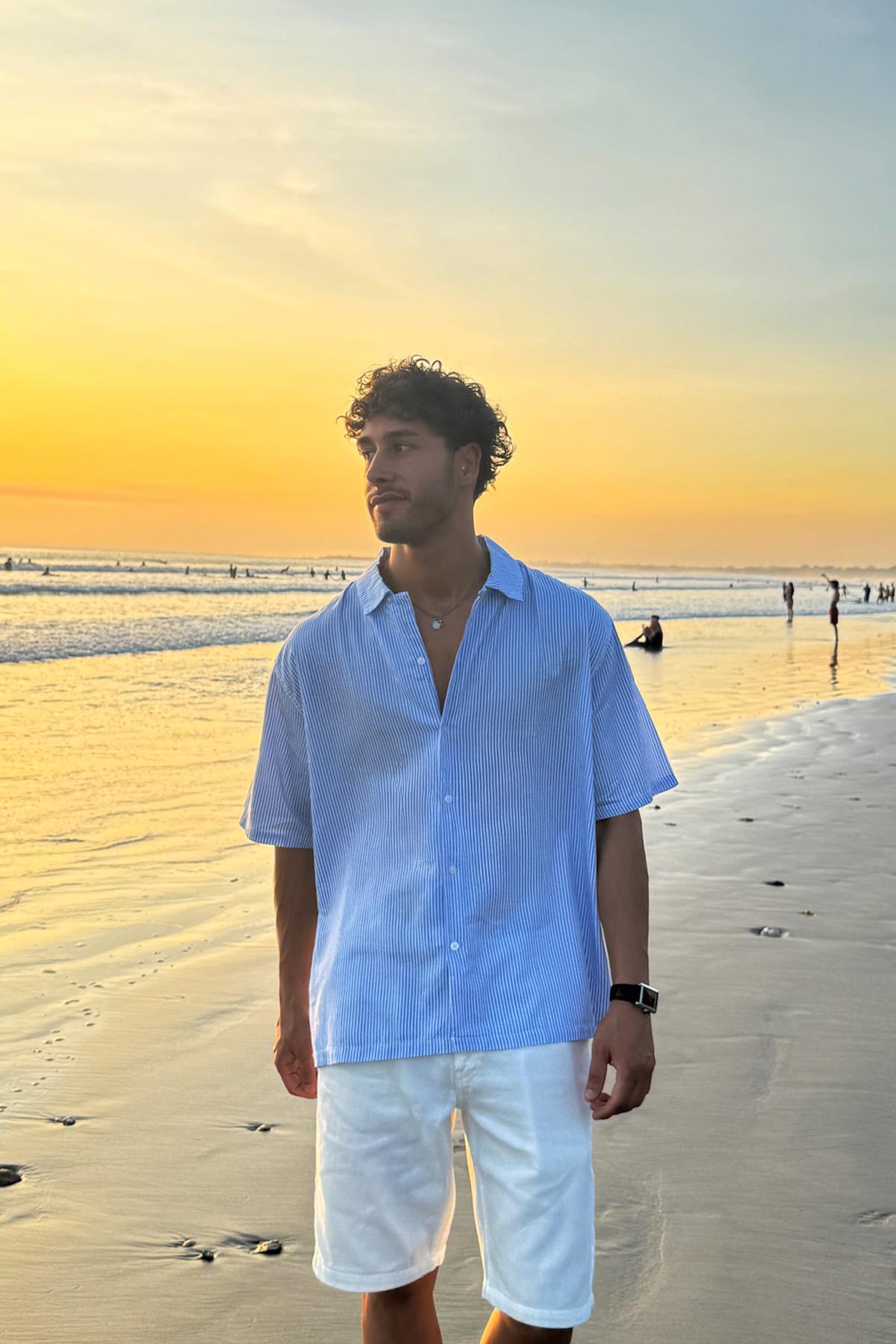 Çizgili Oversize Kısa Kol gömlek Mavi