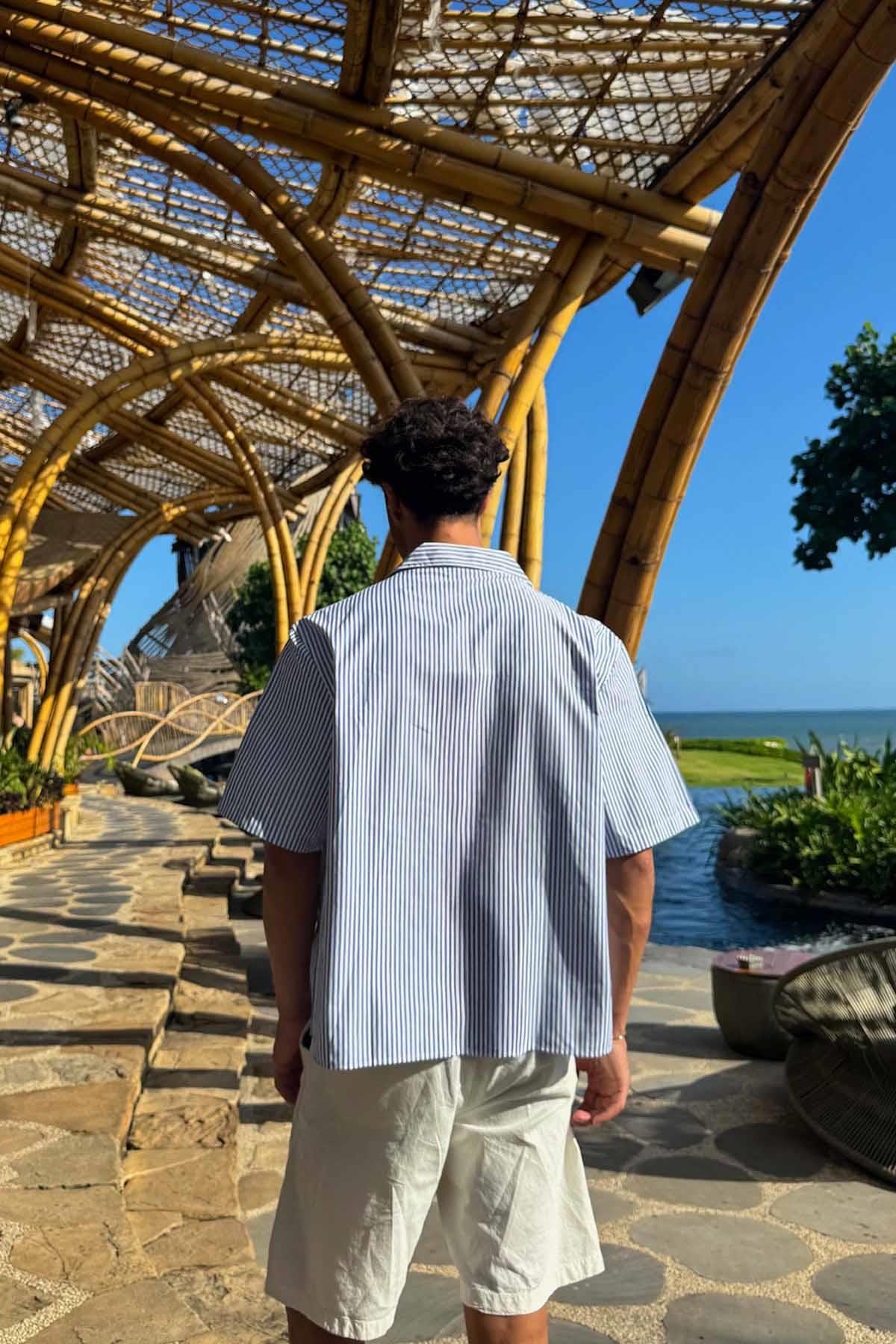 Çizgili Oversize Kısa Kol gömlek Mavi