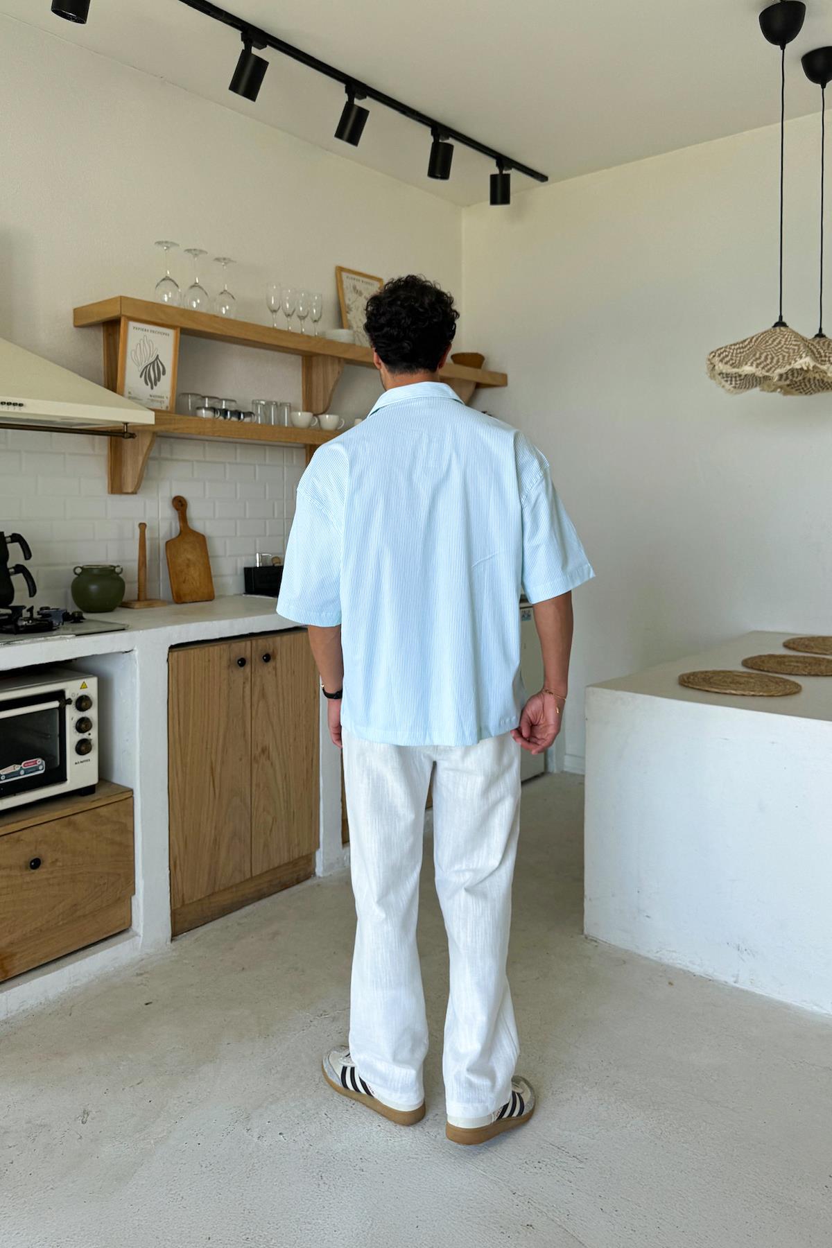 Çizgili Oversize Kısa Kol Gömlek Yeşil