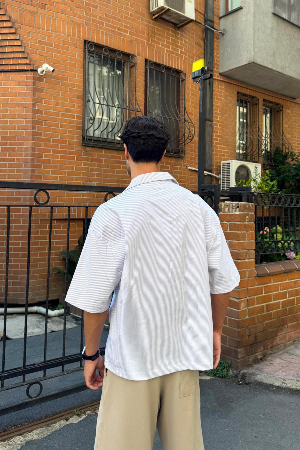 Çizgili Oversize Kısa Kol Gömlek Bej