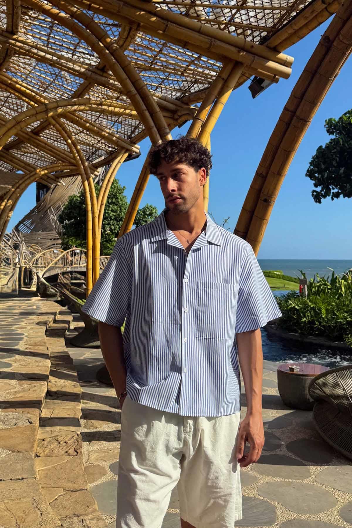 Çizgili Oversize Kısa Kol gömlek Mavi