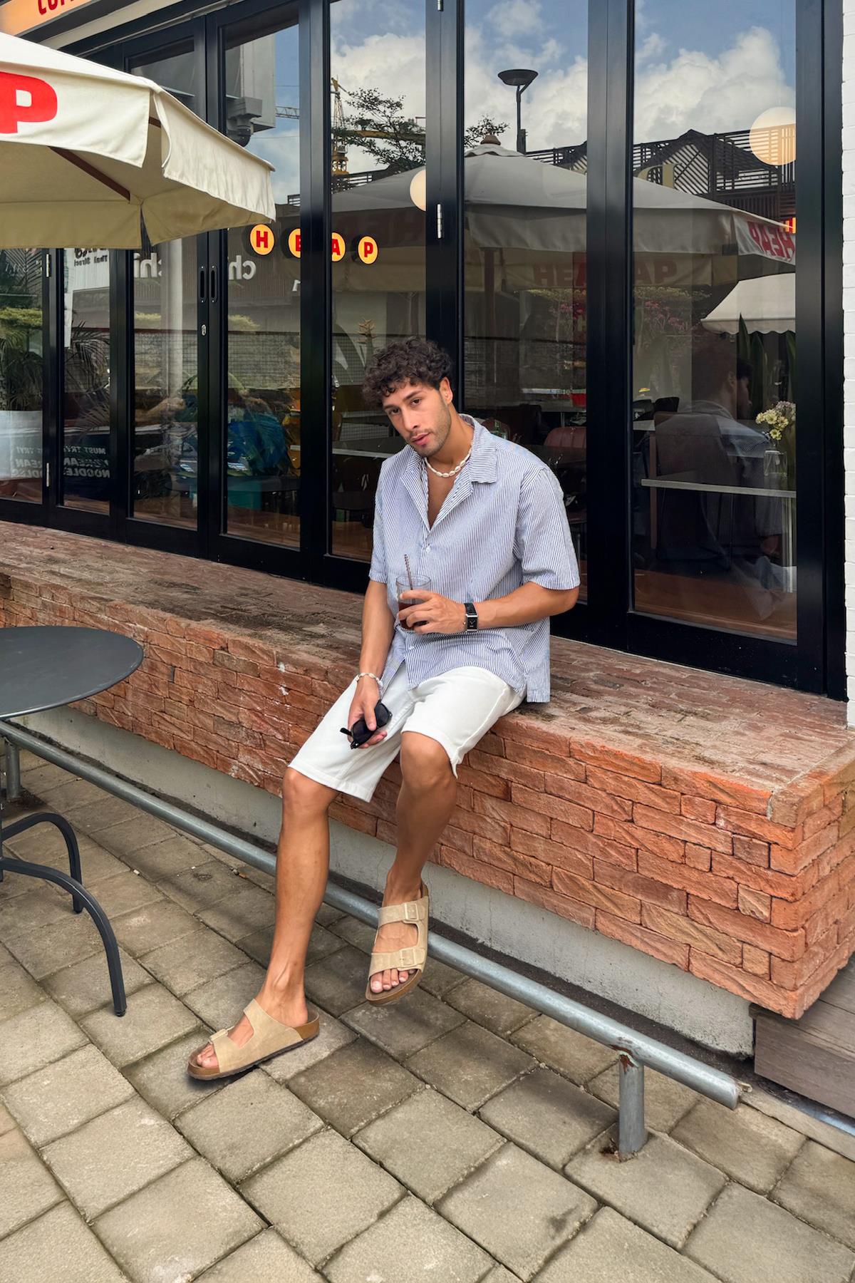 Çizgili Oversize Kısa Kol Gömlek Siyah