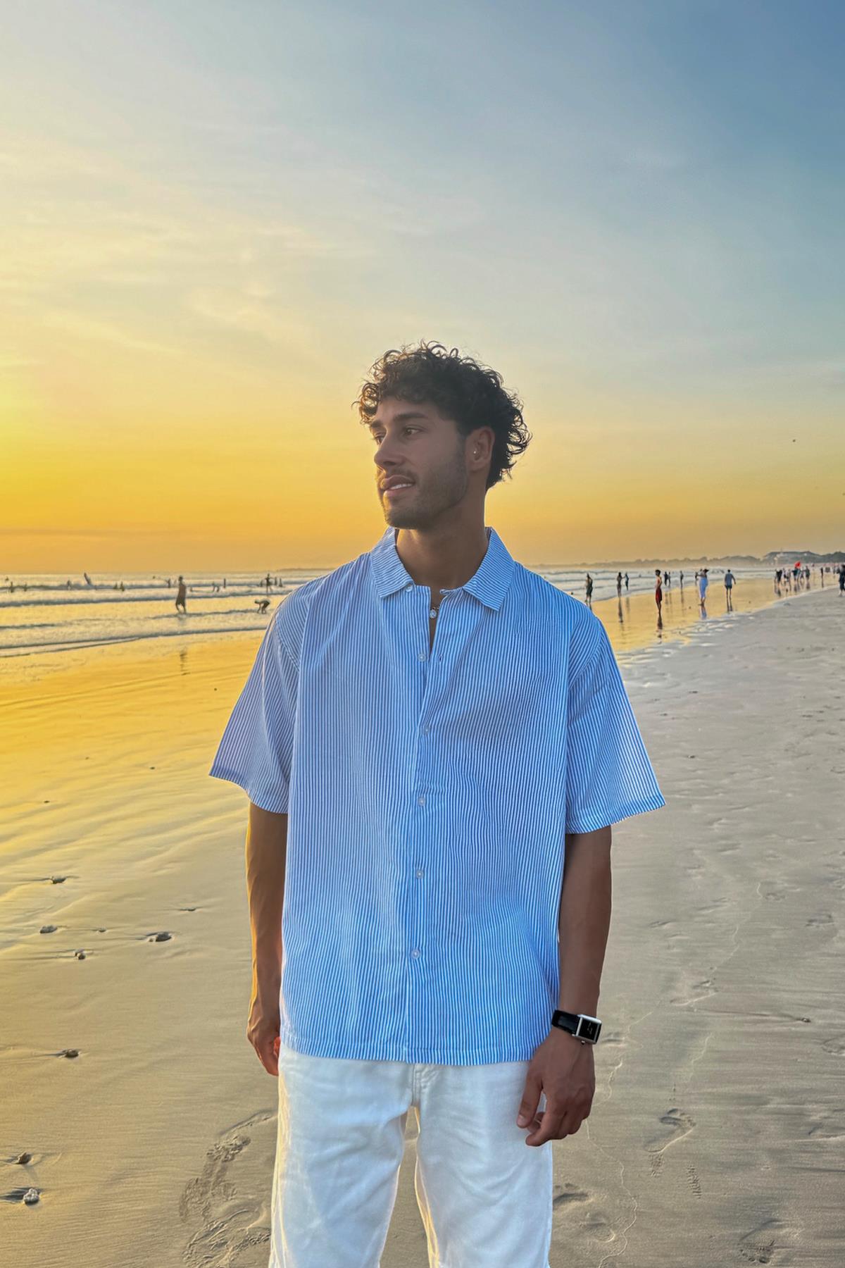 Çizgili Oversize Kısa Kol gömlek Mavi