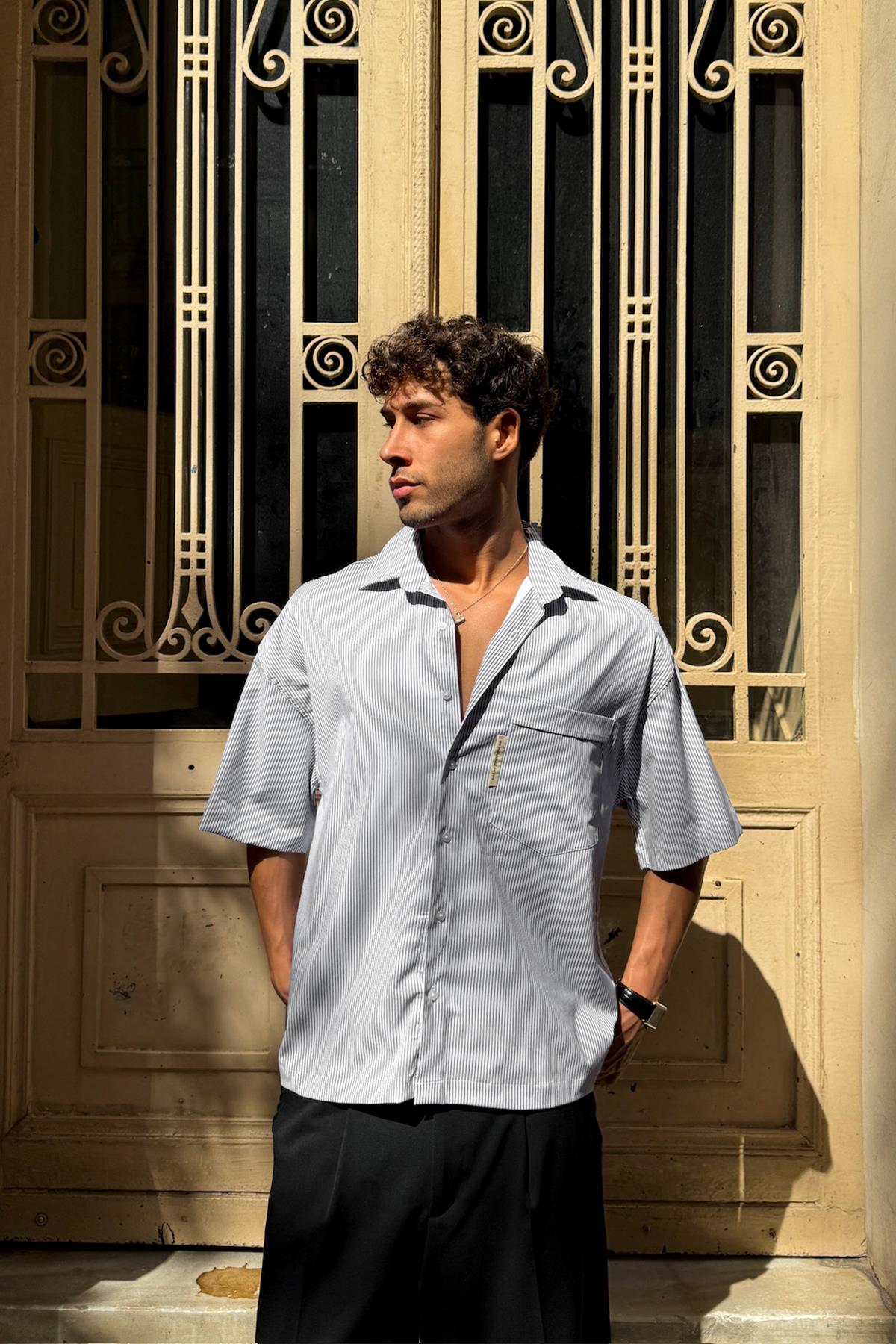 Çizgili Oversize Kısa Kol Gömlek